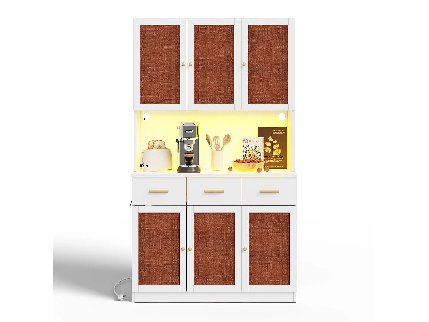 Buffet de cuisine 105x43x182cm - avec USB et prise - avec LED - 6 portes et 3 tiroirs - Blanc + Rouge