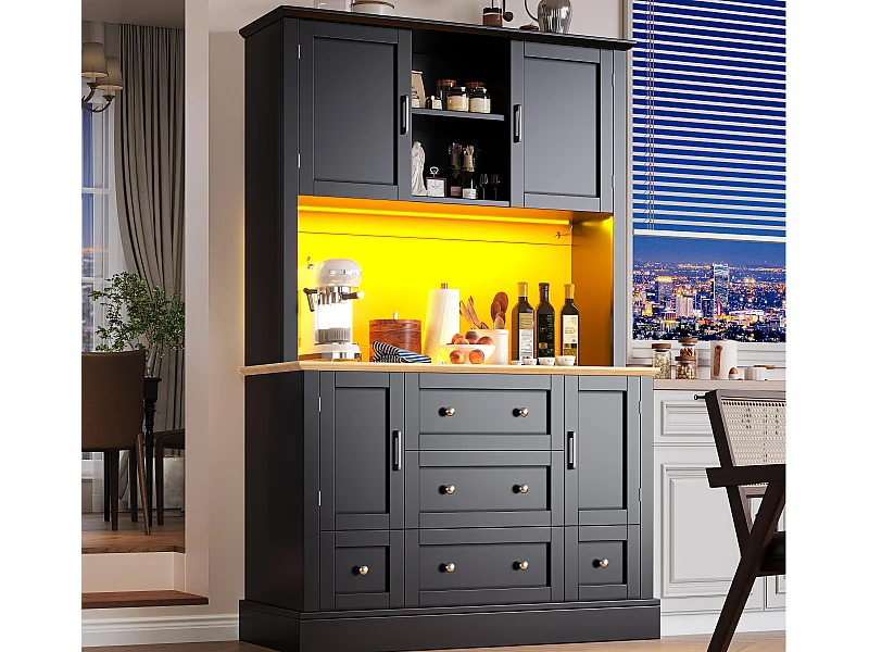 Keukenbuffet 115x40x180 cm - 4 deuren + 3 laden - hoog meubel - met LED-verlichting - Moderne stijl - Zwart