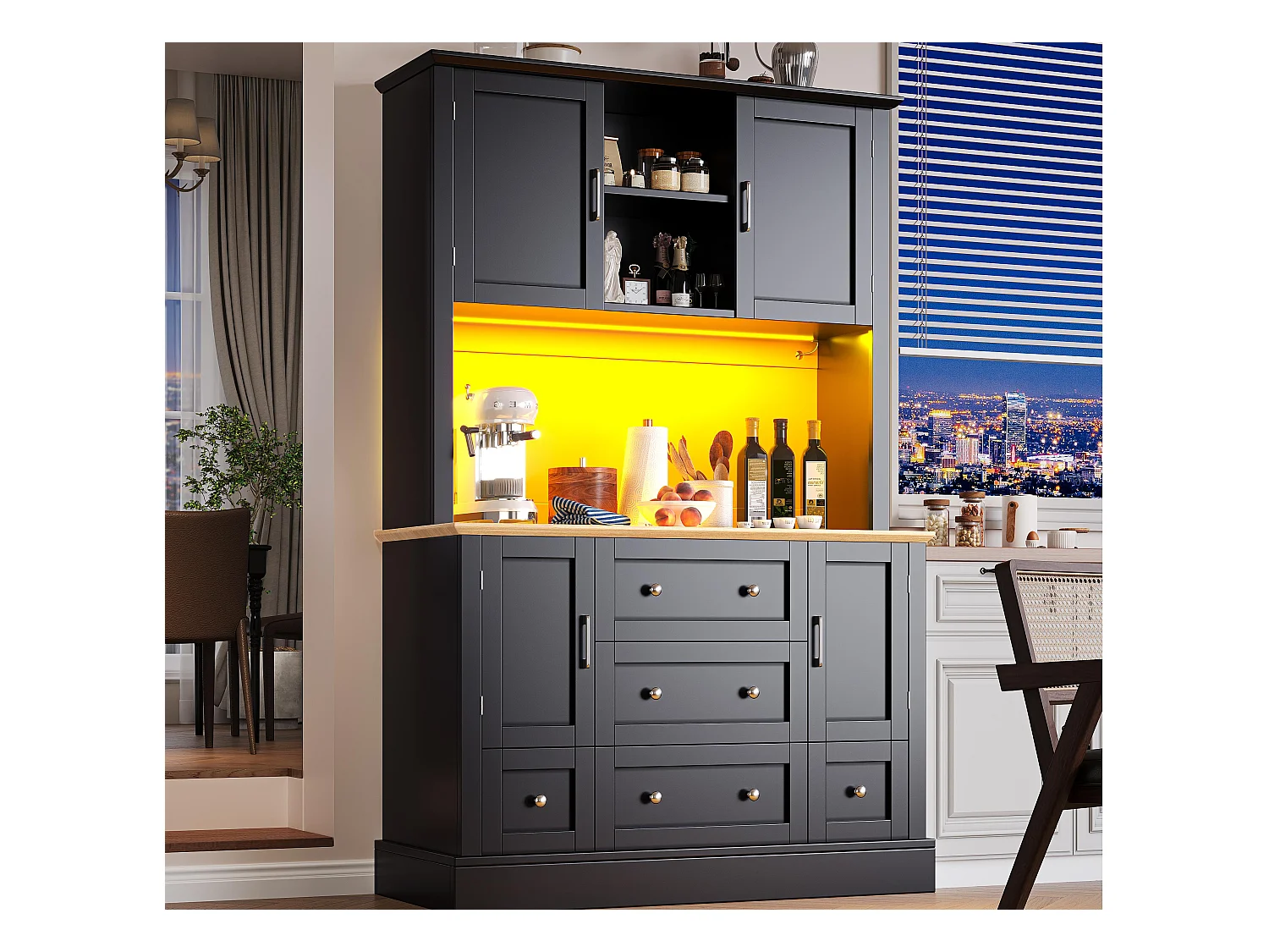 Buffet de cuisine 115x40x180cm - 4 portes + 3 tiroirs - meuble haut - avec éclairage LED - Style moderne - Noir