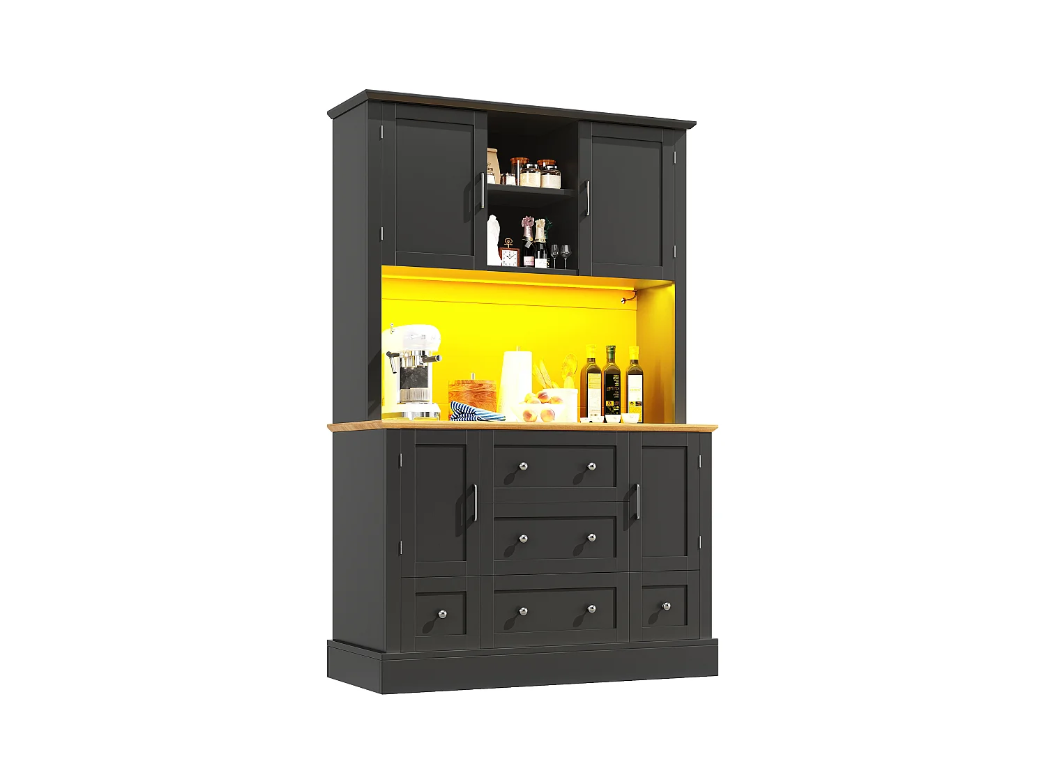 Buffet de cuisine 115x40x180cm - 4 portes + 3 tiroirs - meuble haut - avec éclairage LED - Style moderne - Noir