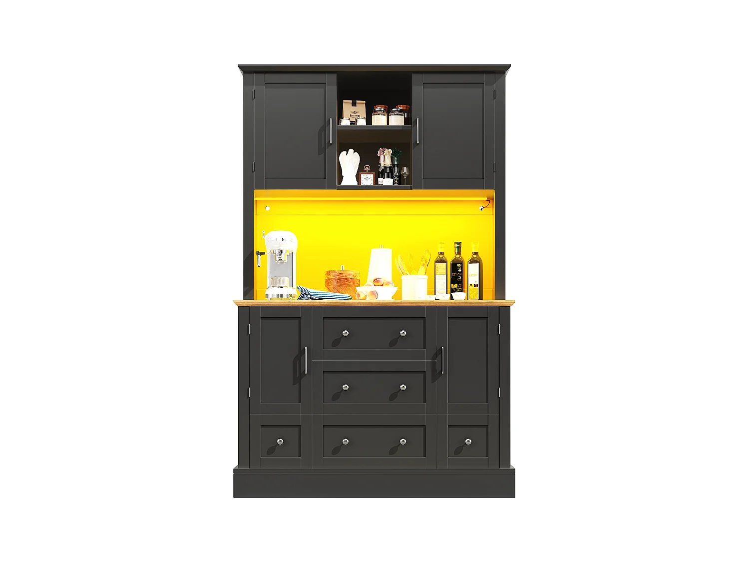Buffet de cuisine 115x40x180cm - 4 portes + 3 tiroirs - meuble haut - avec éclairage LED - Style moderne - Noir