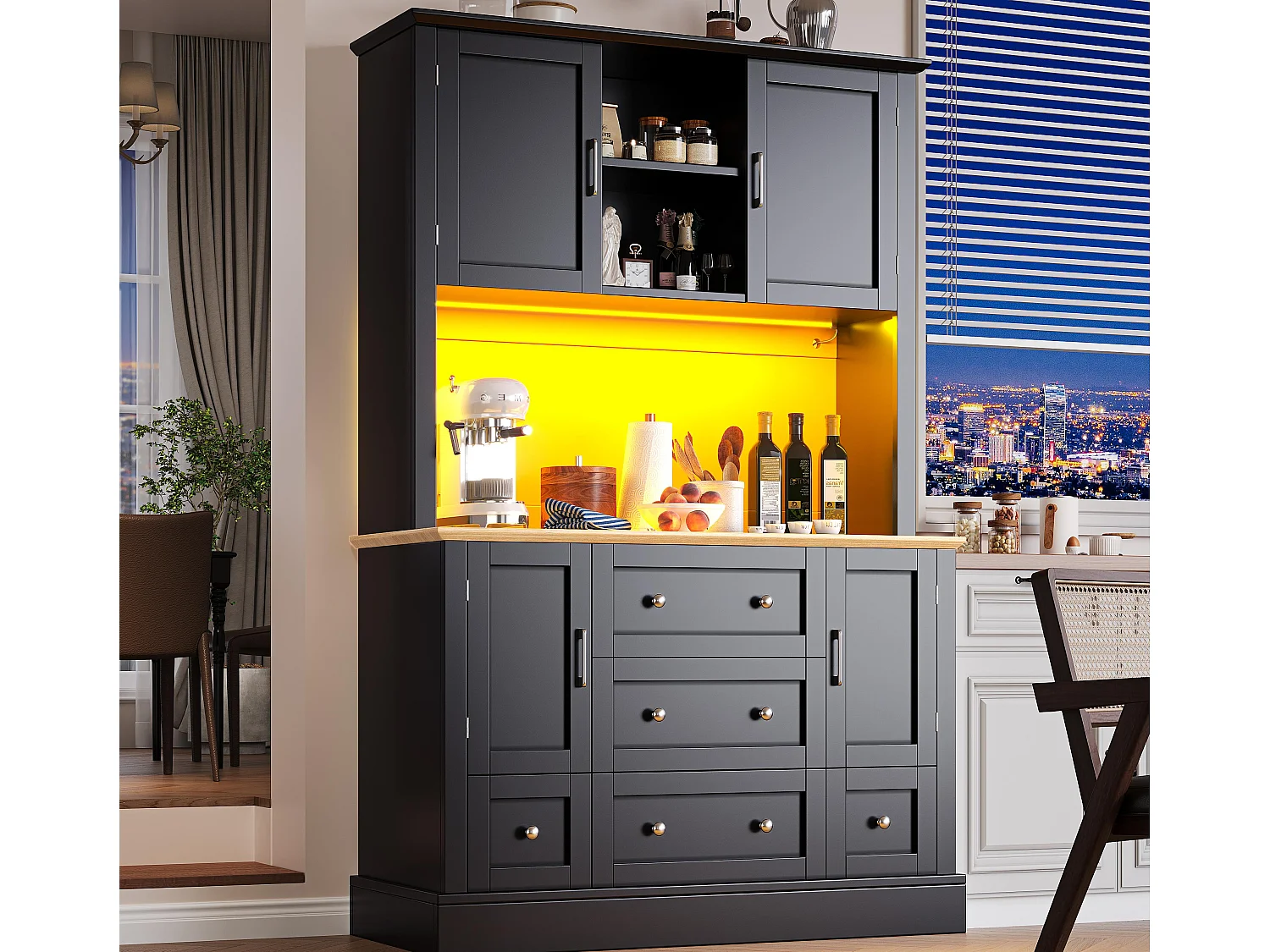Buffet cucina 115x40x180 cm - 4 ante + 3 cassetti - mobile alto - con illuminazione LED - Stile moderno - Nero