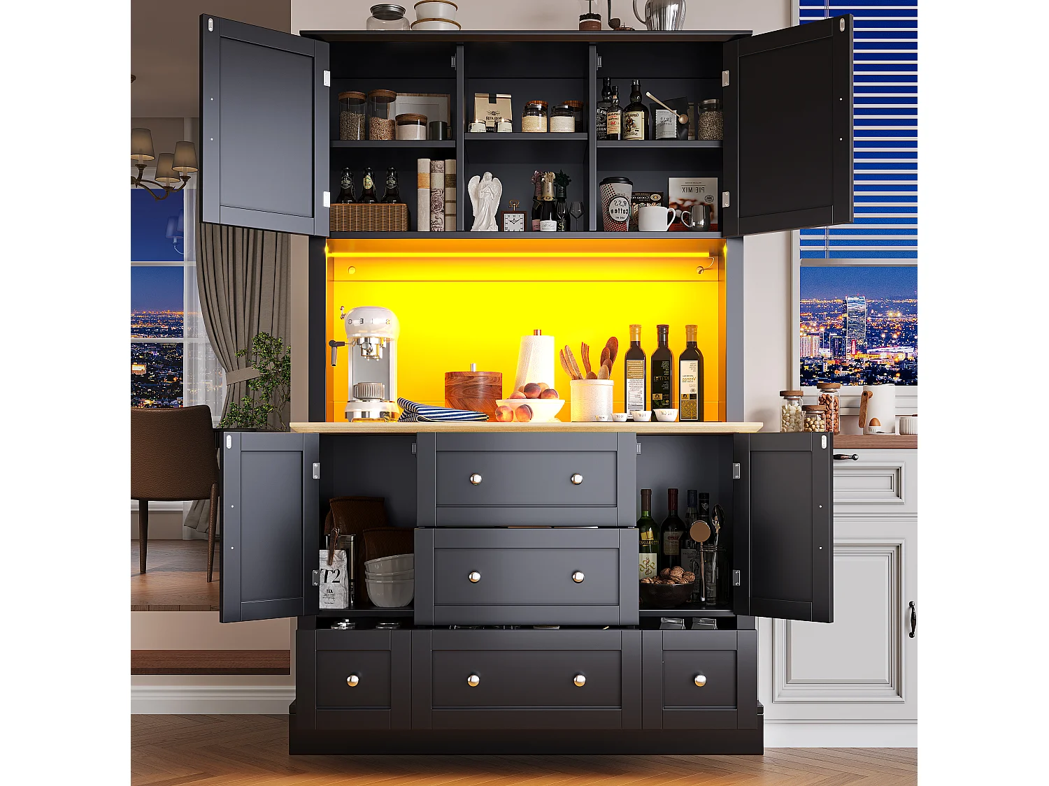 Buffet cucina 115x40x180 cm - 4 ante + 3 cassetti - mobile alto - con illuminazione LED - Stile moderno - Nero