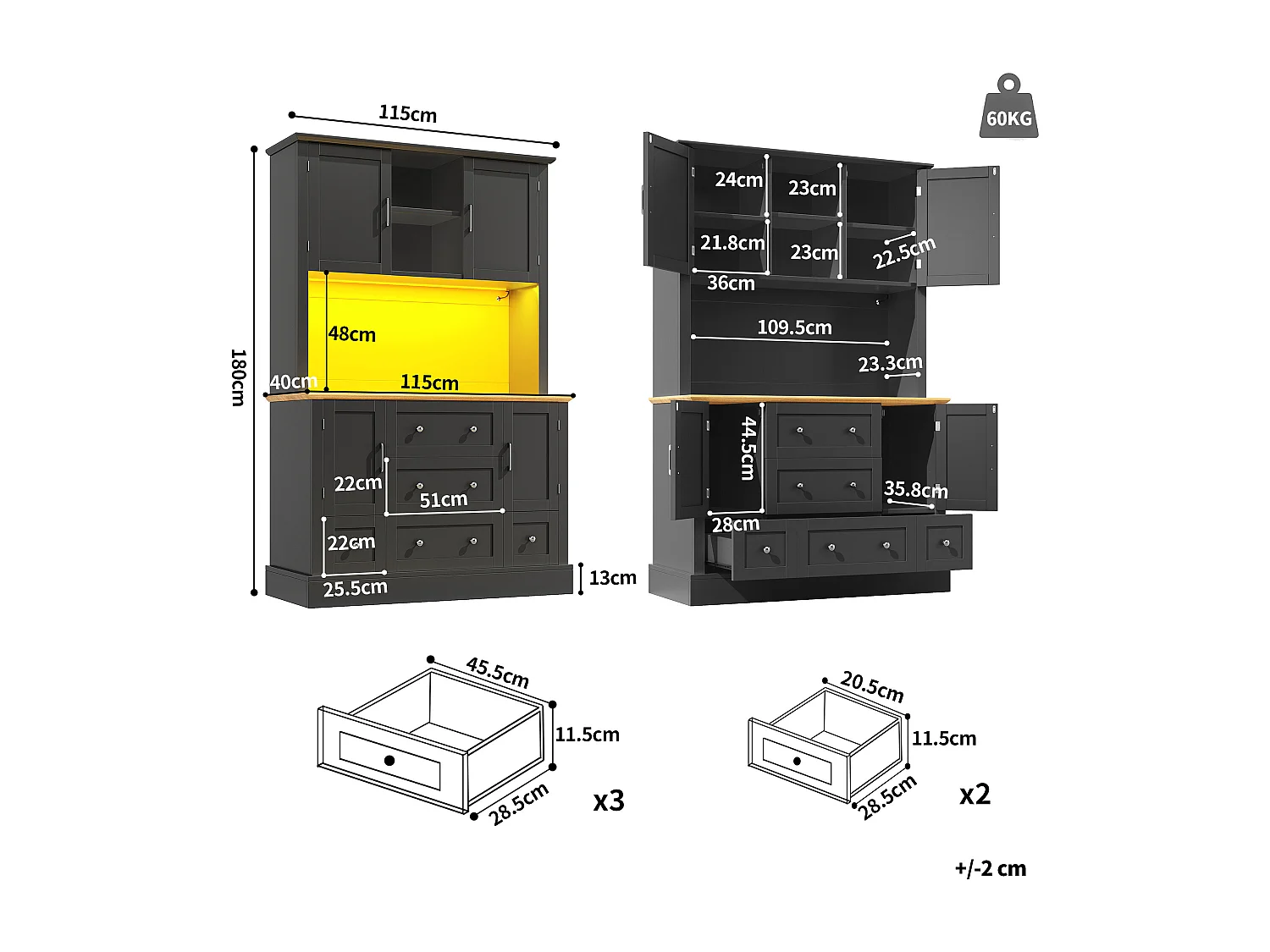 Buffet cucina 115x40x180 cm - 4 ante + 3 cassetti - mobile alto - con illuminazione LED - Stile moderno - Nero