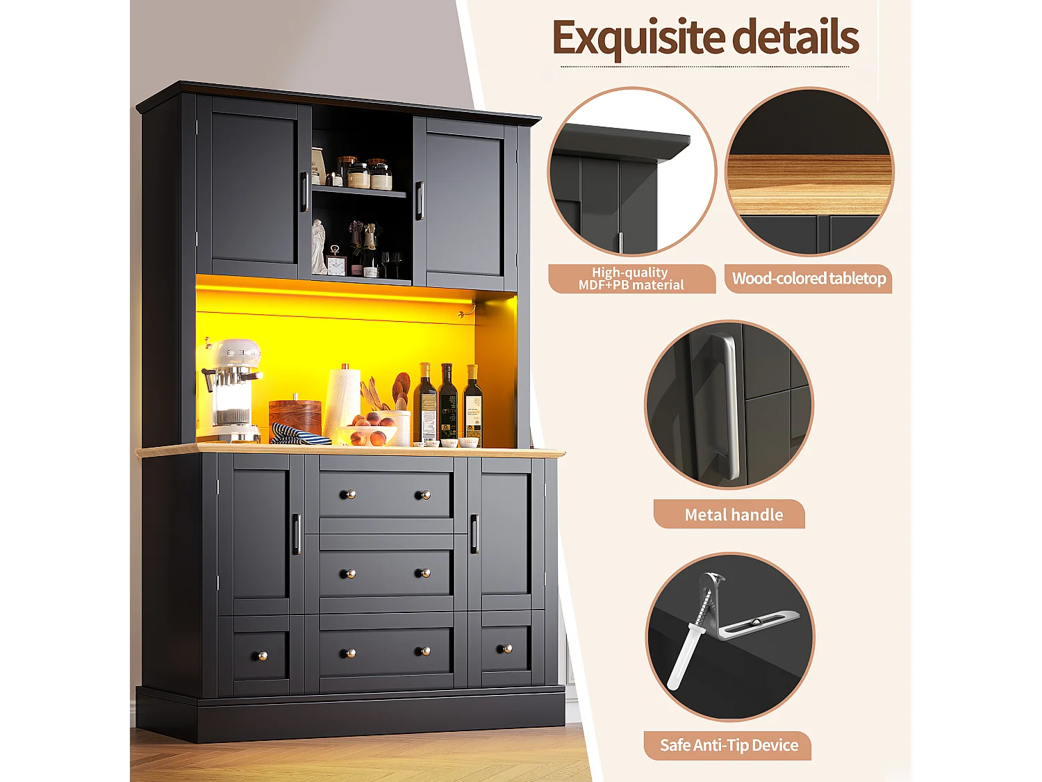 Buffet cucina 115x40x180 cm - 4 ante + 3 cassetti - mobile alto - con illuminazione LED - Stile moderno - Nero