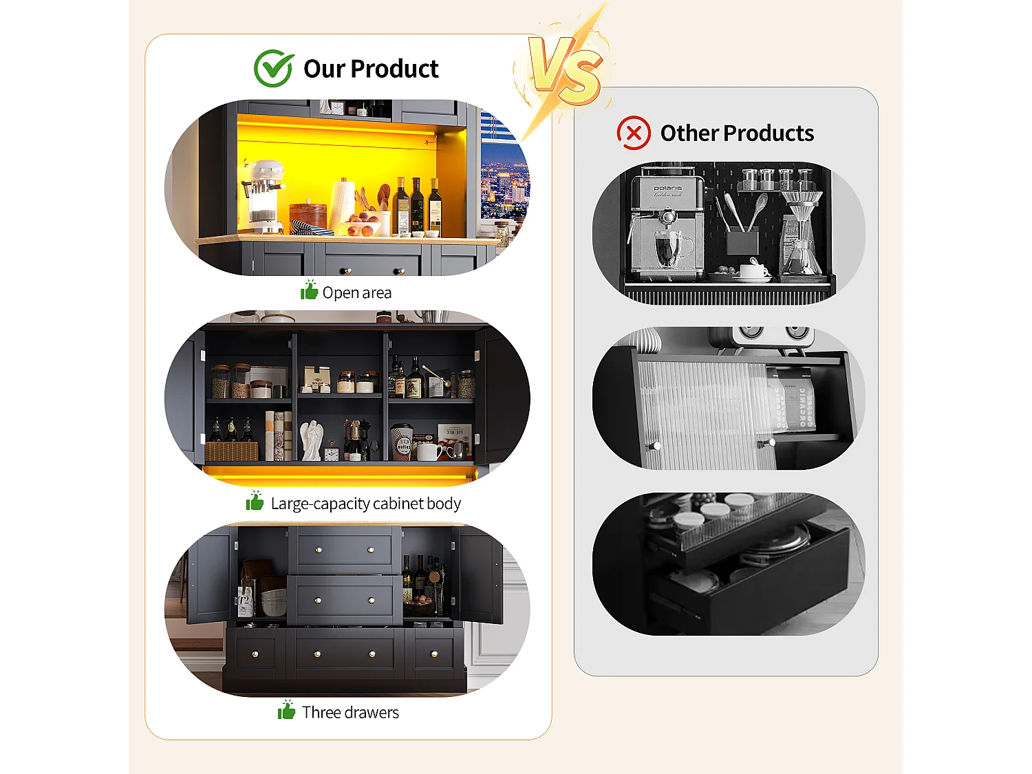 Buffet cucina 115x40x180 cm - 4 ante + 3 cassetti - mobile alto - con illuminazione LED - Stile moderno - Nero