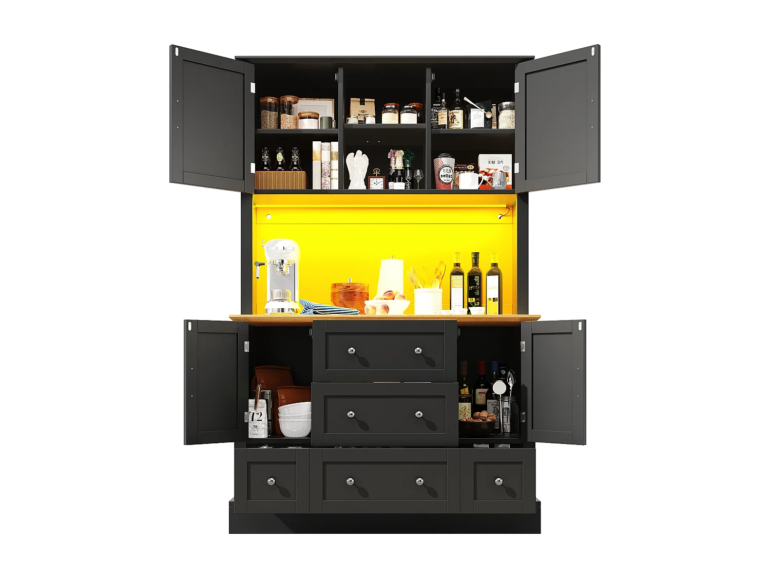 Buffet cucina 115x40x180 cm - 4 ante + 3 cassetti - mobile alto - con illuminazione LED - Stile moderno - Nero
