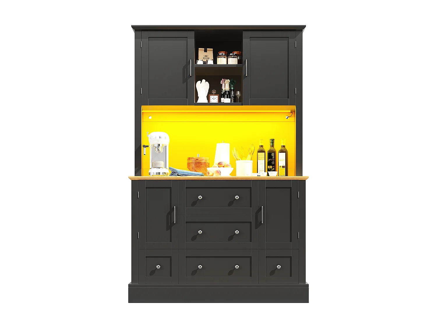 Buffet cucina 115x40x180 cm - 4 ante + 3 cassetti - mobile alto - con illuminazione LED - Stile moderno - Nero