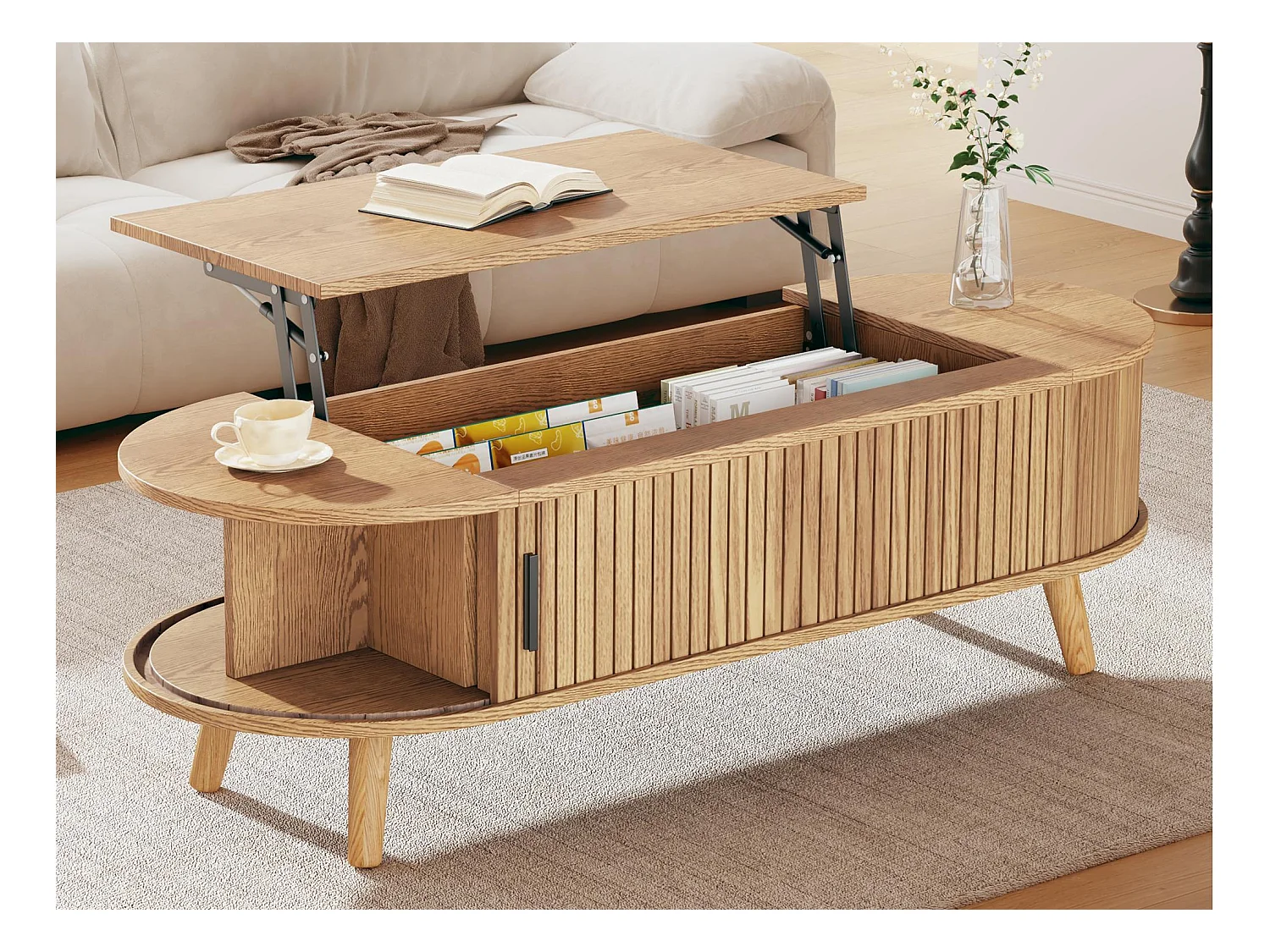 Mesa de centro ajustável em altura 120x50x39,5 cm - 2 portas - Armazenamento oculto - Pés de madeira maciça - Natural