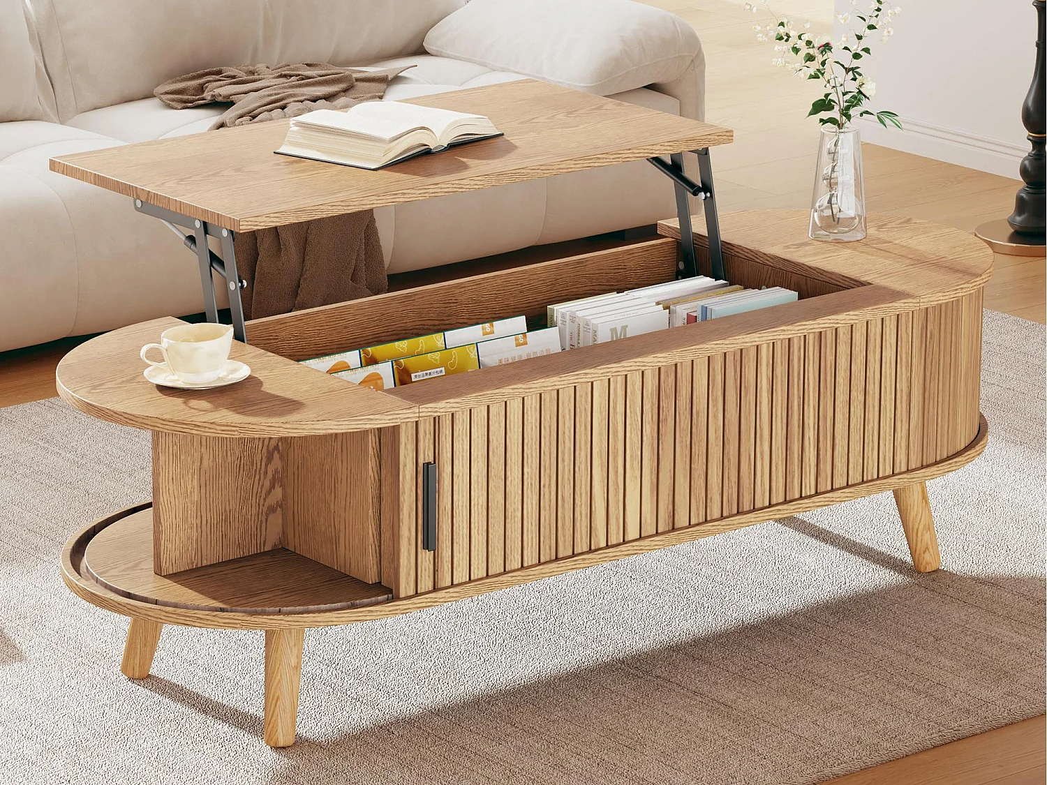 Mesa de centro ajustável em altura 120x50x39,5 cm - 2 portas - Armazenamento oculto - Pés de madeira maciça - Natural