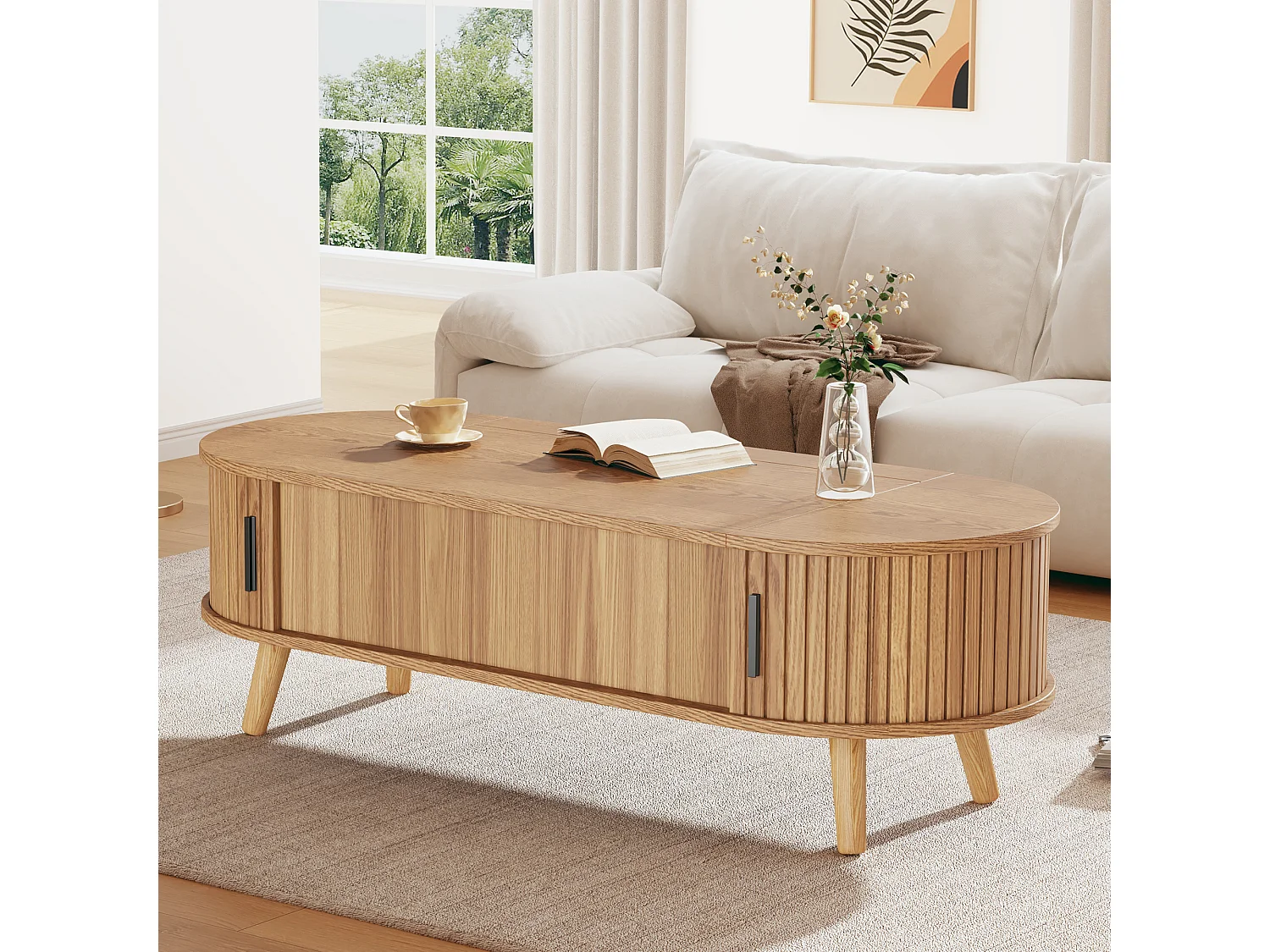 Mesa de centro ajustável em altura 120x50x39,5 cm - 2 portas - Armazenamento oculto - Pés de madeira maciça - Natural