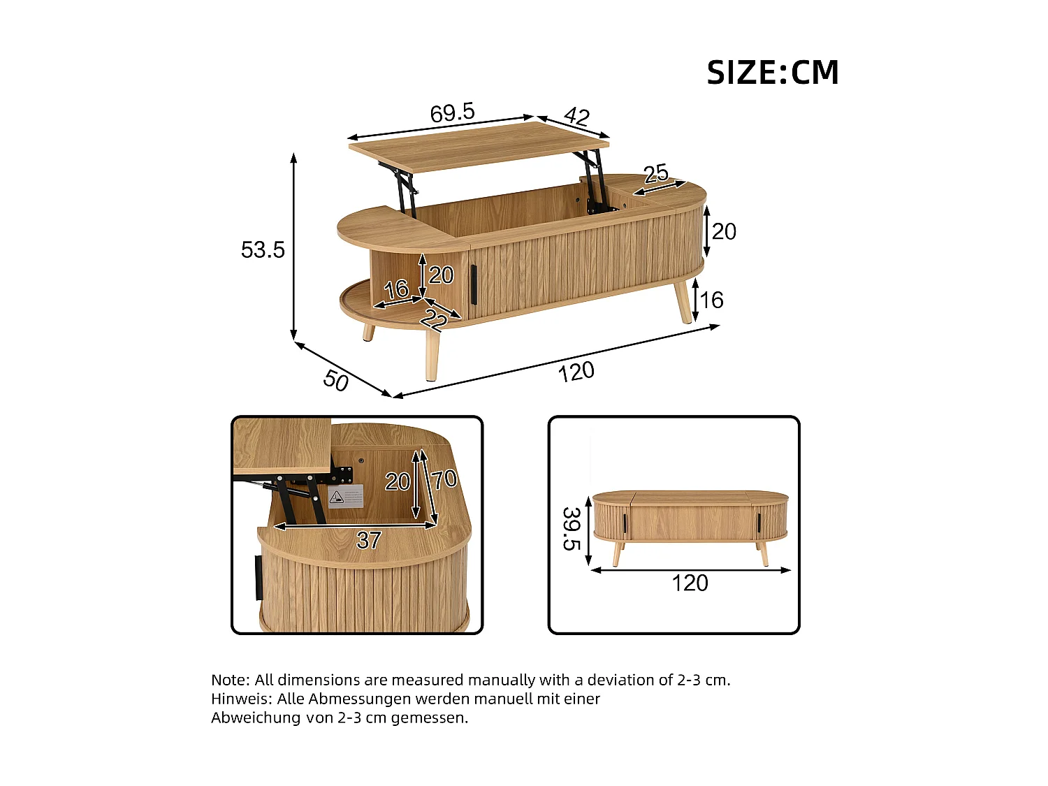 Mesa de centro ajustável em altura 120x50x39,5 cm - 2 portas - Armazenamento oculto - Pés de madeira maciça - Natural