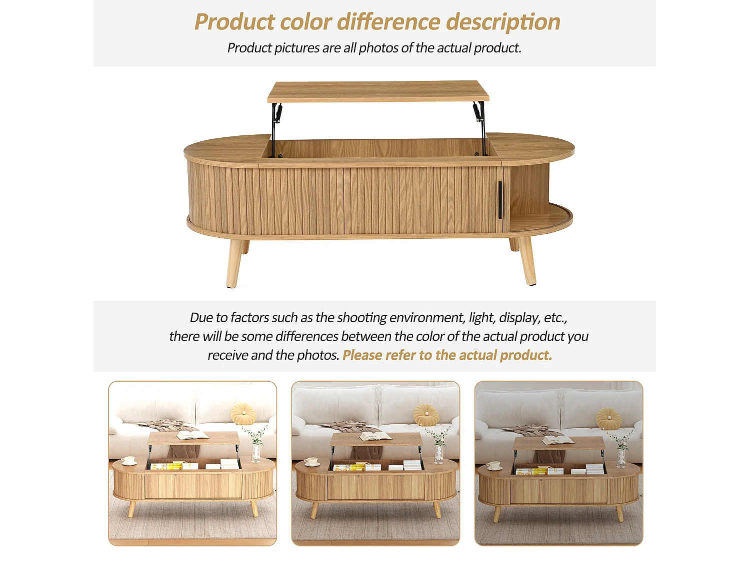 Mesa de centro ajustável em altura 120x50x39,5 cm - 2 portas - Armazenamento oculto - Pés de madeira maciça - Natural