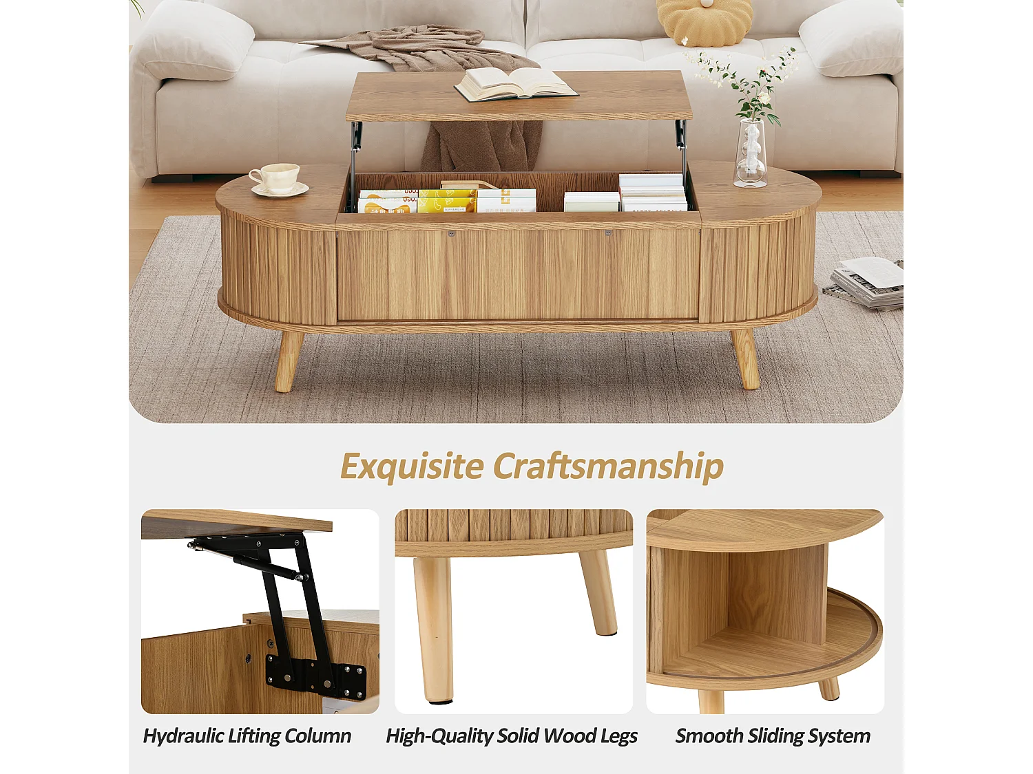 Mesa de centro ajustável em altura 120x50x39,5 cm - 2 portas - Armazenamento oculto - Pés de madeira maciça - Natural