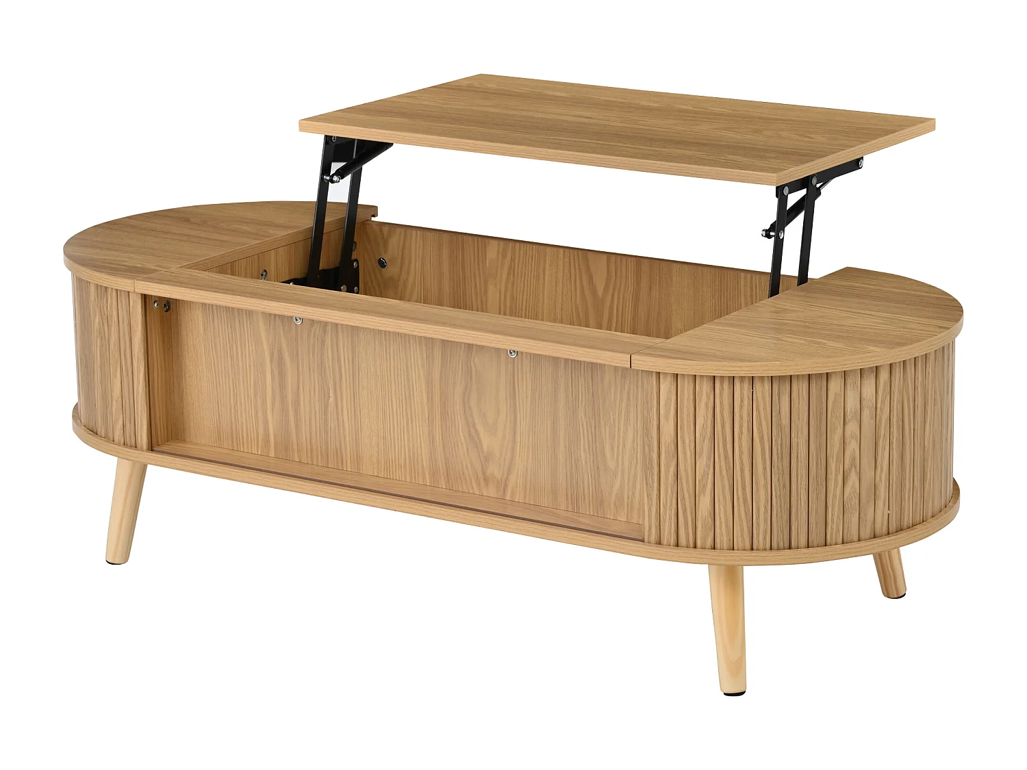 Mesa de centro ajustável em altura 120x50x39,5 cm - 2 portas - Armazenamento oculto - Pés de madeira maciça - Natural