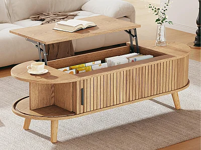 Soffbord med lyftbar topp 120x50x39,5 cm - 2 dörrar - Dold förvaring - Massiva träben - Natur