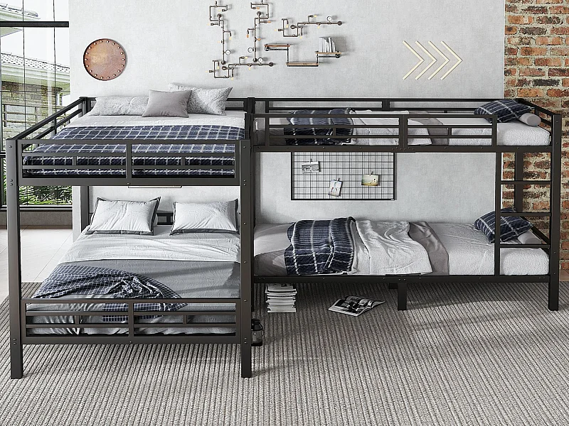 Etagenbett 90x200cm +140x200cm - 2 Doppelbetten und 2 Einzelbetten - 2 Leitern - robustes Lattenrost - Metall - Schwarz (ohne Matratze)