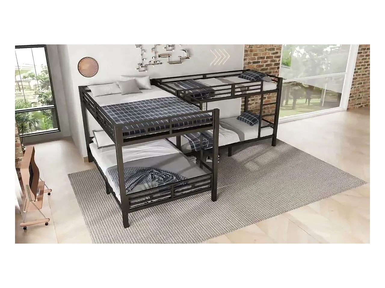 Lit superposé 90x200cm +140x200cm - 2 lits doubles et 2 lits simples - 2 échelles - sommier à lattes robuste - Métal - Noir (sans matelas)