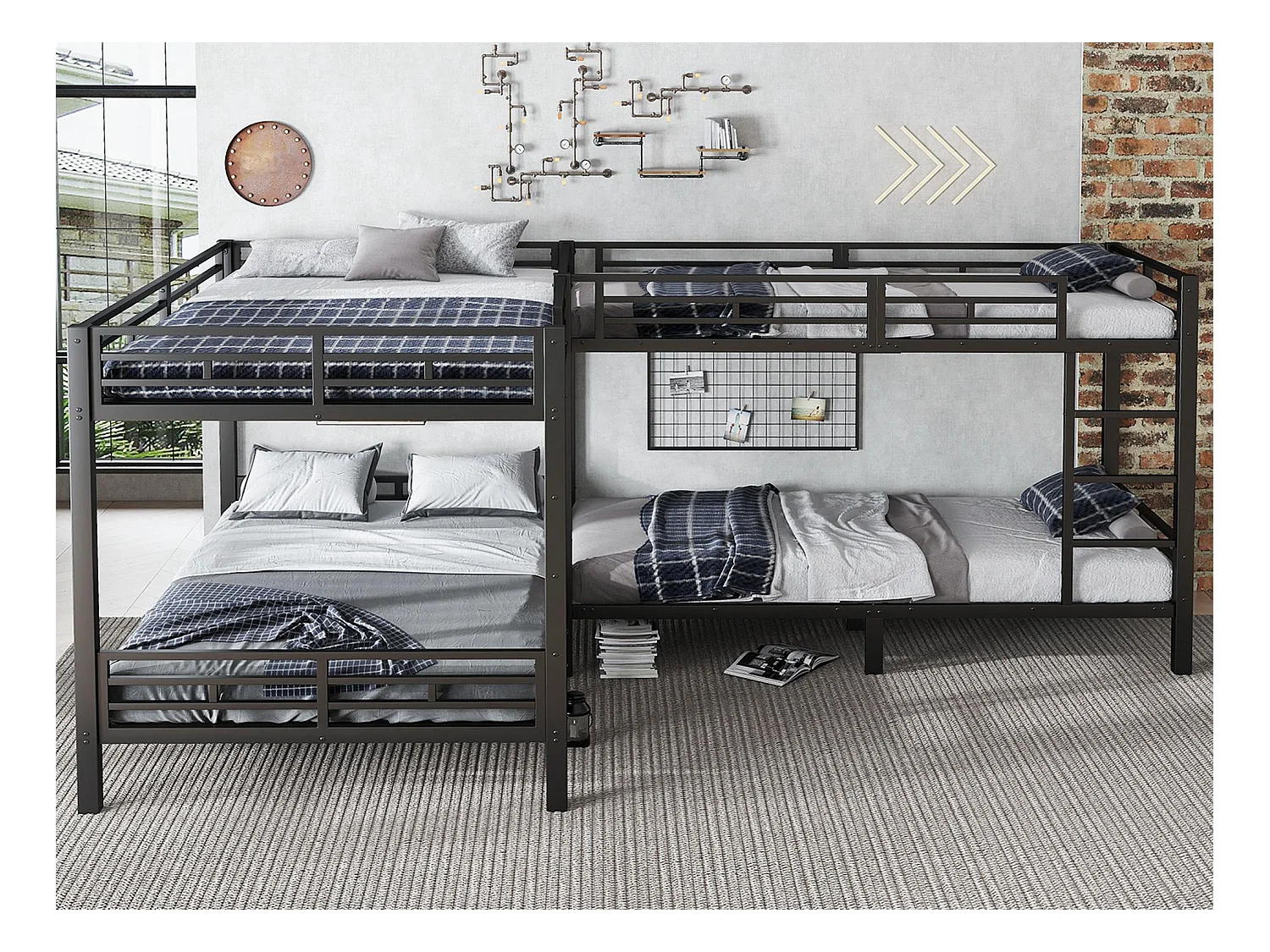 Lit superposé 90x200cm +140x200cm - 2 lits doubles et 2 lits simples - 2 échelles - sommier à lattes robuste - Métal - Noir (sans matelas)