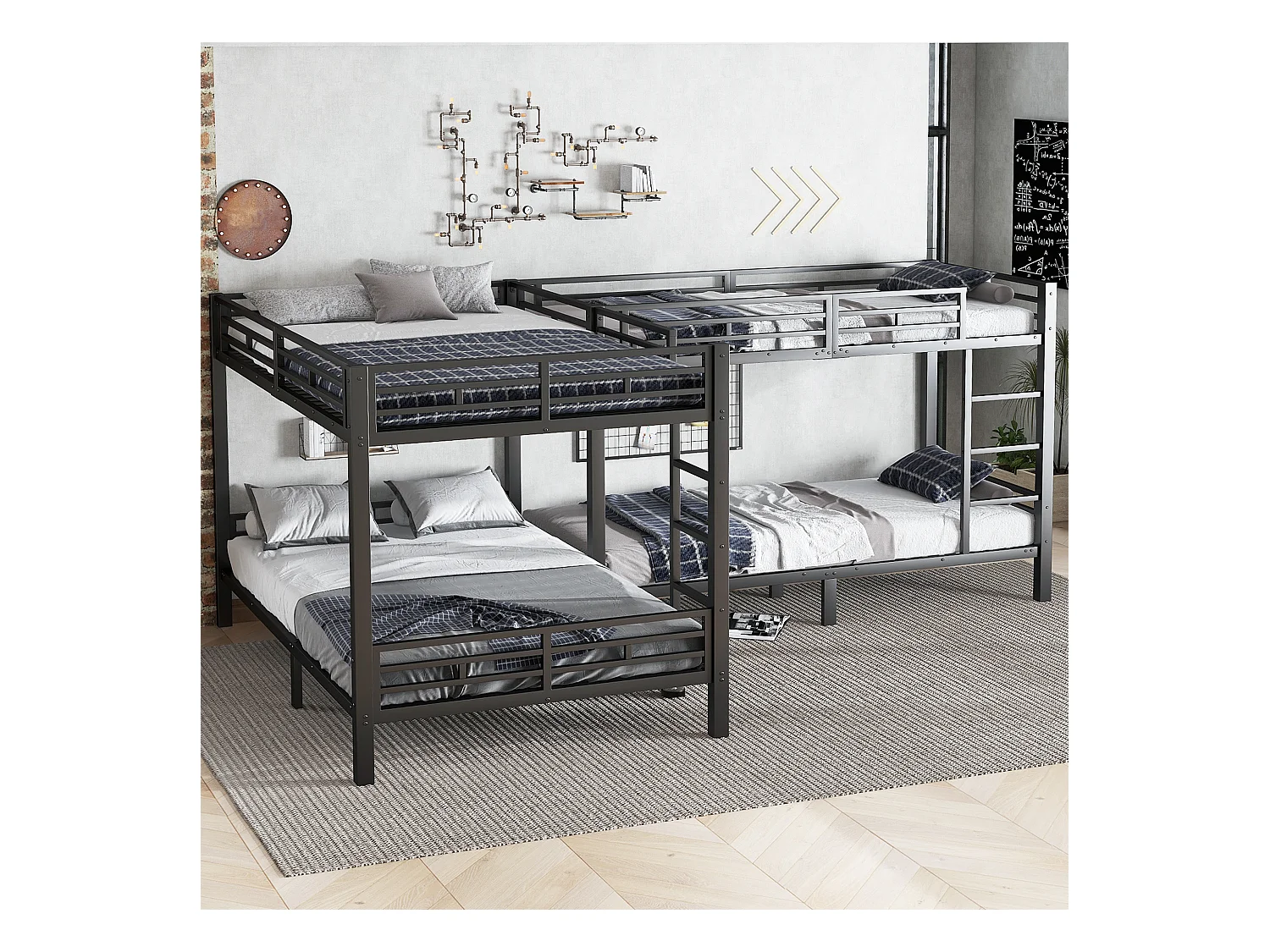 Lit superposé 90x200cm +140x200cm - 2 lits doubles et 2 lits simples - 2 échelles - sommier à lattes robuste - Métal - Noir (sans matelas)