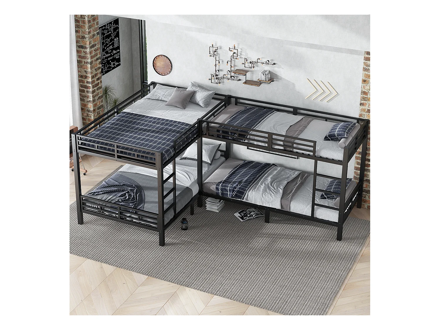 Lit superposé 90x200cm +140x200cm - 2 lits doubles et 2 lits simples - 2 échelles - sommier à lattes robuste - Métal - Noir (sans matelas)