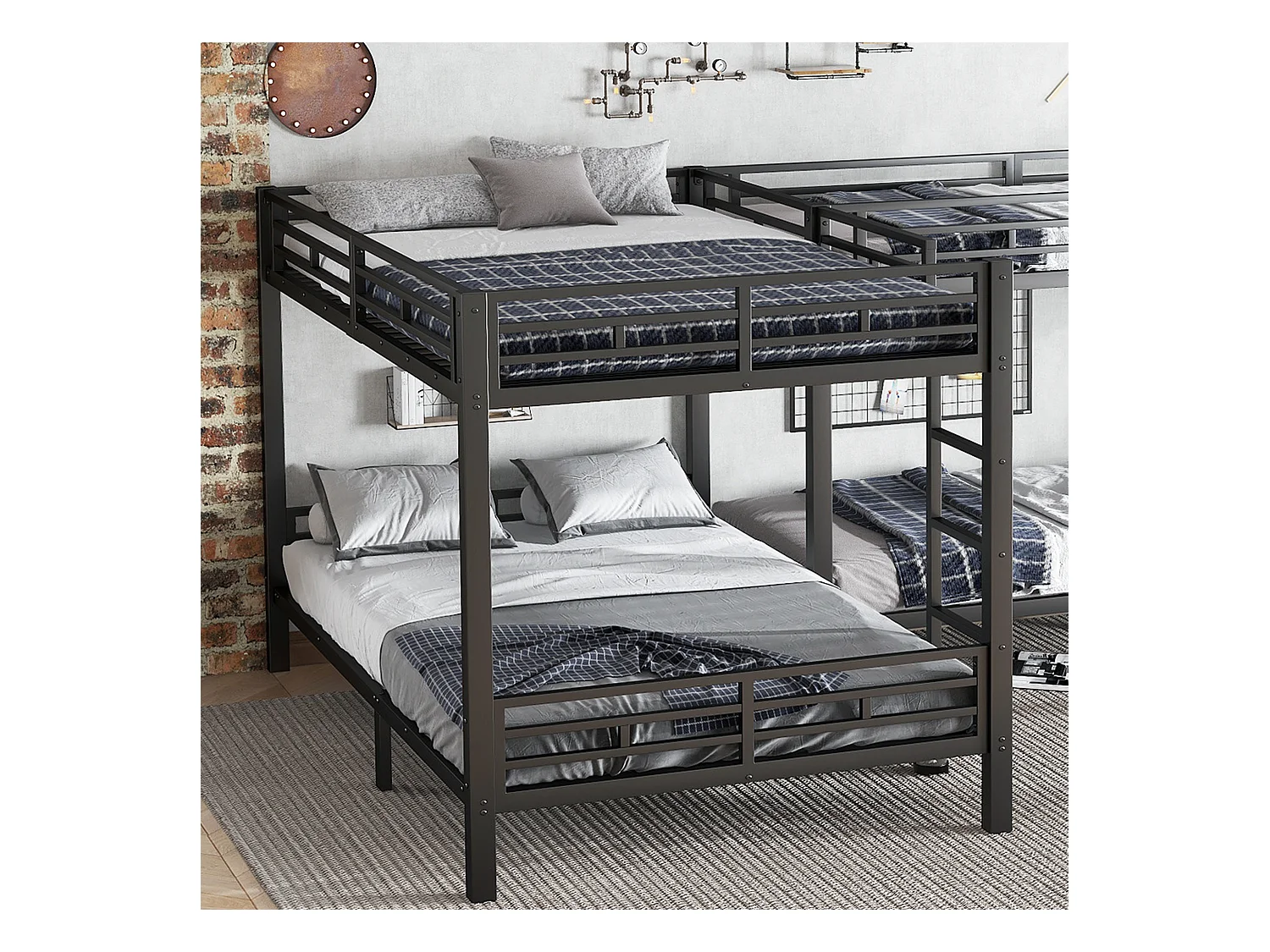 Lit superposé 90x200cm +140x200cm - 2 lits doubles et 2 lits simples - 2 échelles - sommier à lattes robuste - Métal - Noir (sans matelas)