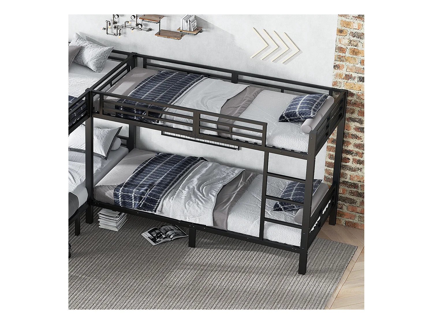 Lit superposé 90x200cm +140x200cm - 2 lits doubles et 2 lits simples - 2 échelles - sommier à lattes robuste - Métal - Noir (sans matelas)