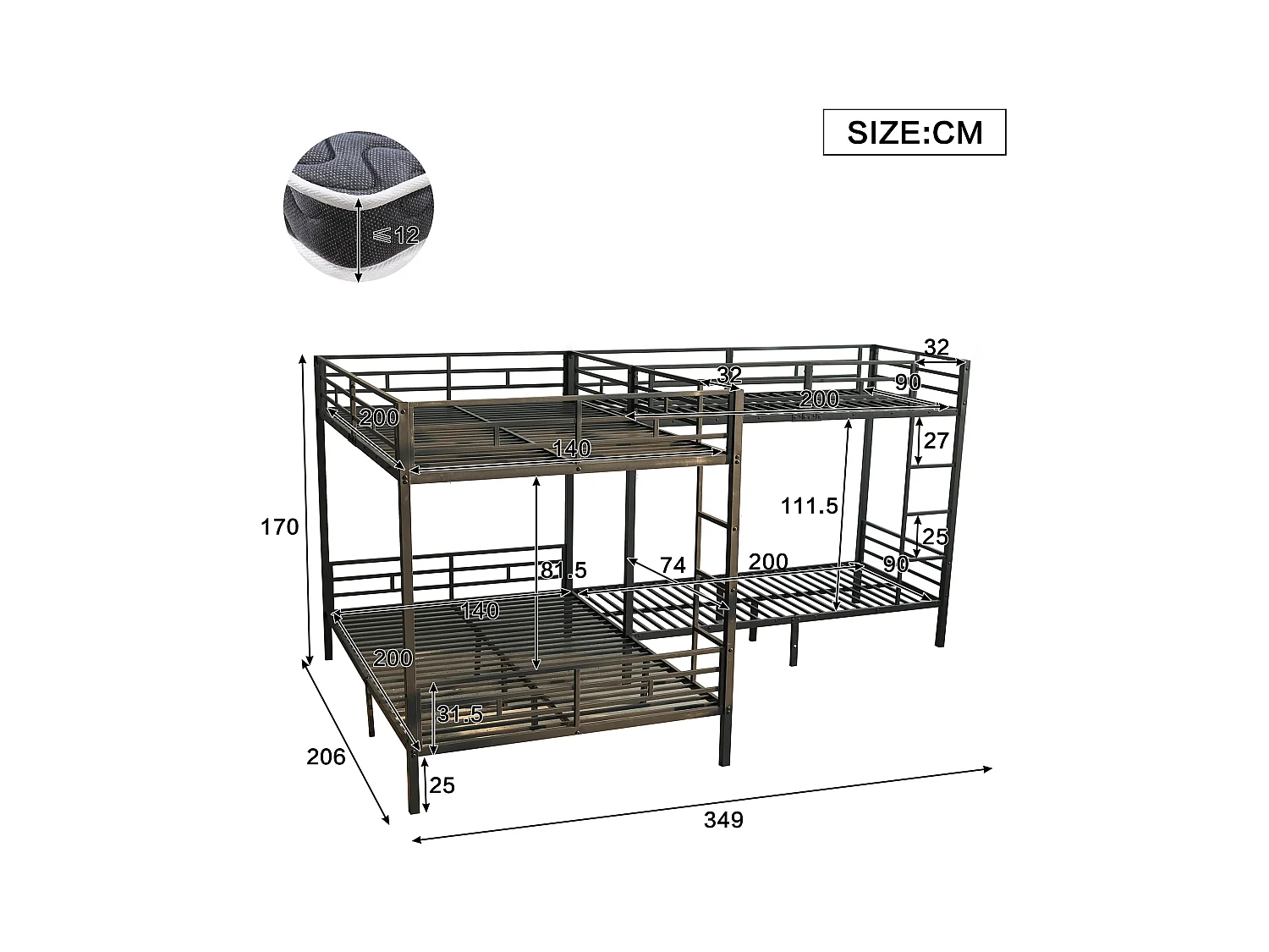 Lit superposé 90x200cm +140x200cm - 2 lits doubles et 2 lits simples - 2 échelles - sommier à lattes robuste - Métal - Noir (sans matelas)