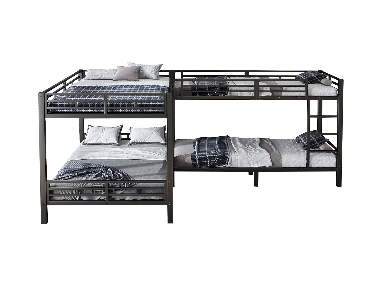 Lit superposé 90x200cm +140x200cm - 2 lits doubles et 2 lits simples - 2 échelles - sommier à lattes robuste - Métal - Noir (sans matelas)