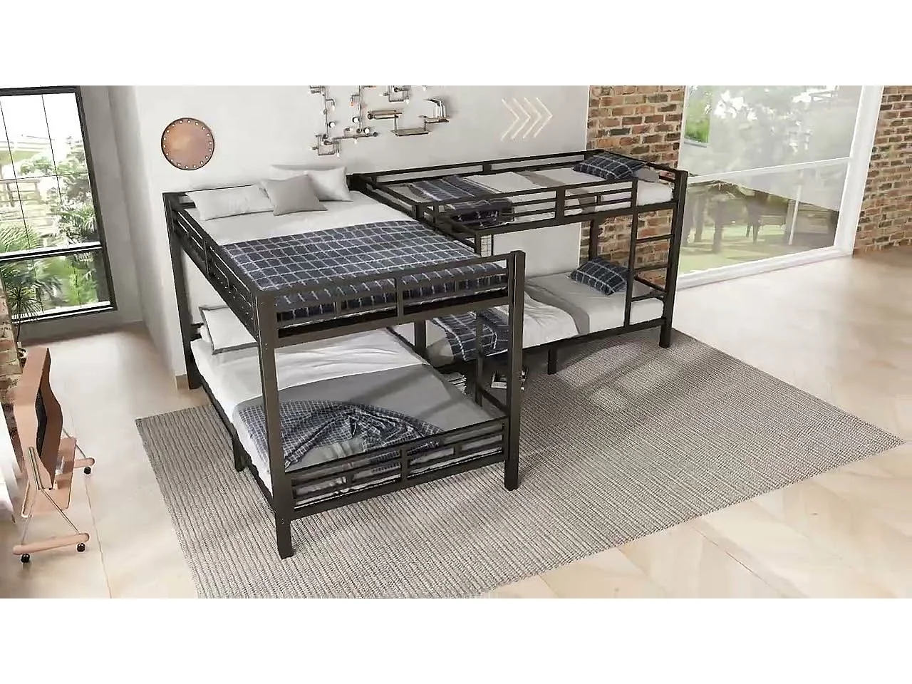 Lit superposé 90x200cm +140x200cm - 2 lits doubles et 2 lits simples - 2 échelles - sommier à lattes robuste - Métal - Noir (sans matelas)