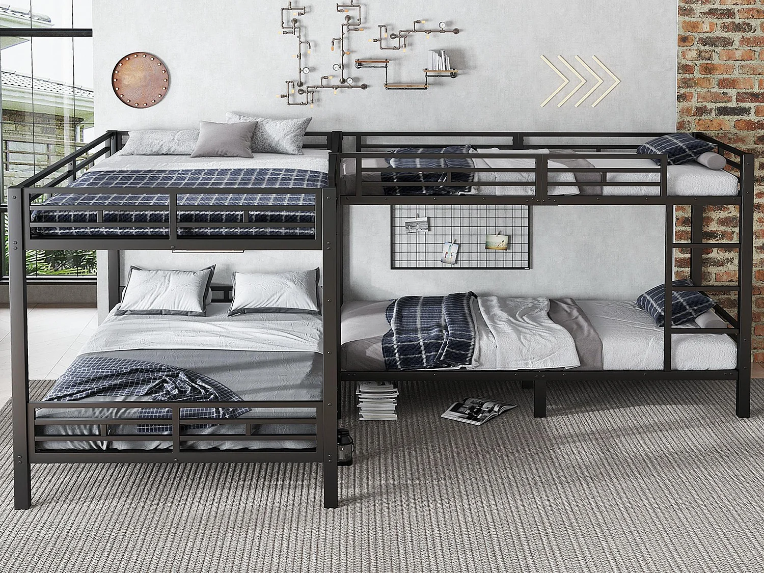 Lit superposé 90x200cm +140x200cm - 2 lits doubles et 2 lits simples - 2 échelles - sommier à lattes robuste - Métal - Noir (sans matelas)