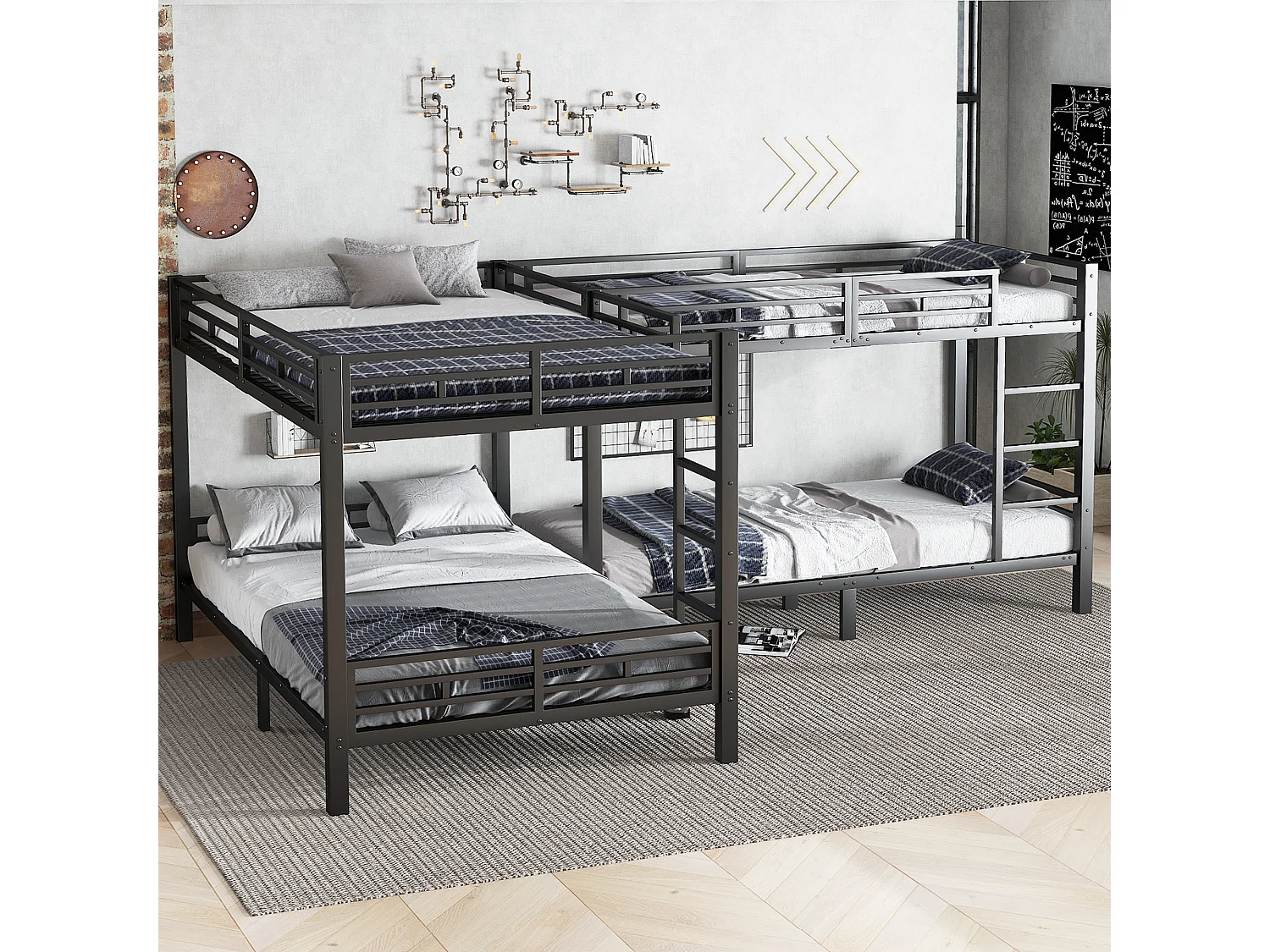Lit superposé 90x200cm +140x200cm - 2 lits doubles et 2 lits simples - 2 échelles - sommier à lattes robuste - Métal - Noir (sans matelas)