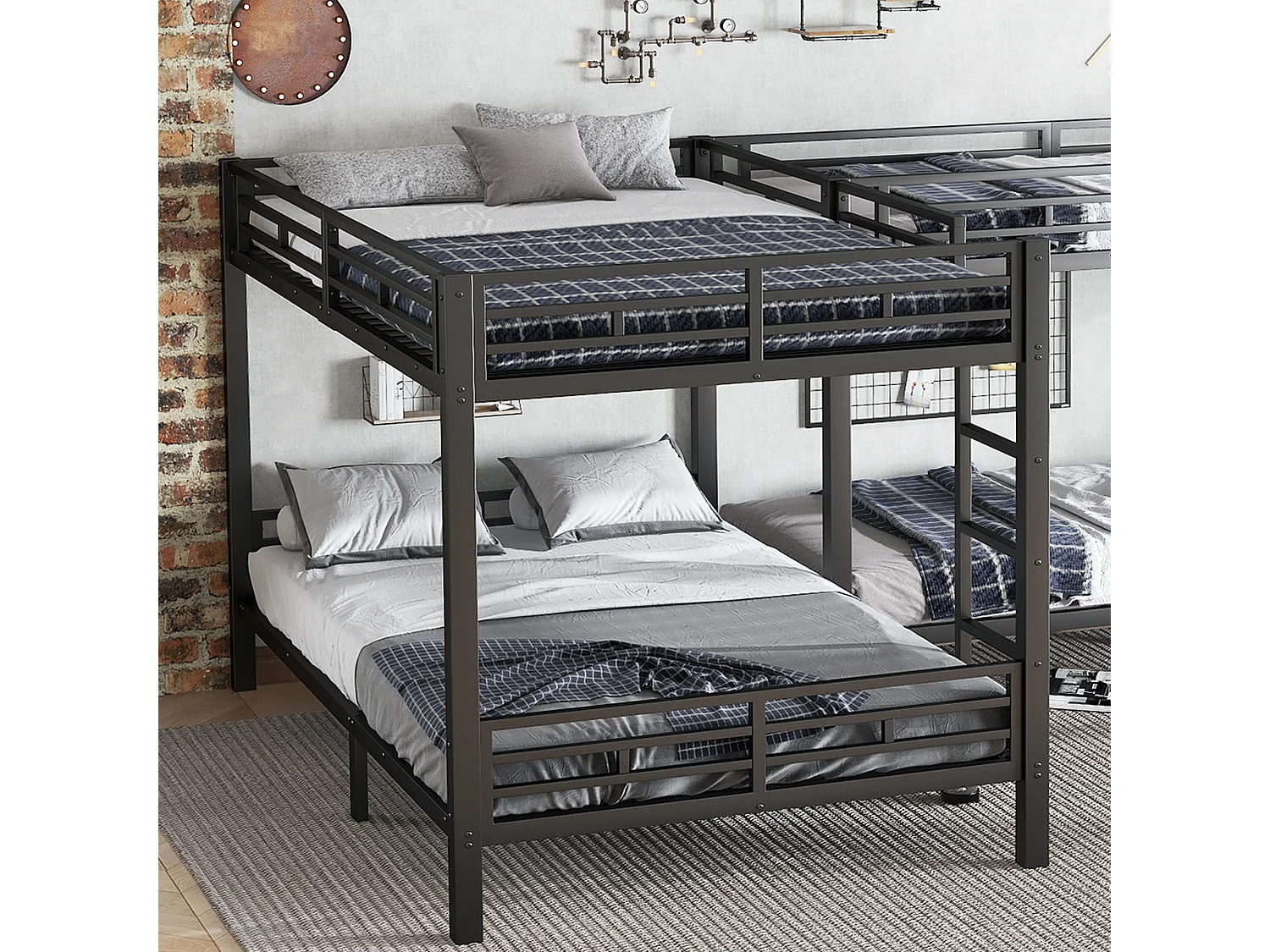 Lit superposé 90x200cm +140x200cm - 2 lits doubles et 2 lits simples - 2 échelles - sommier à lattes robuste - Métal - Noir (sans matelas)