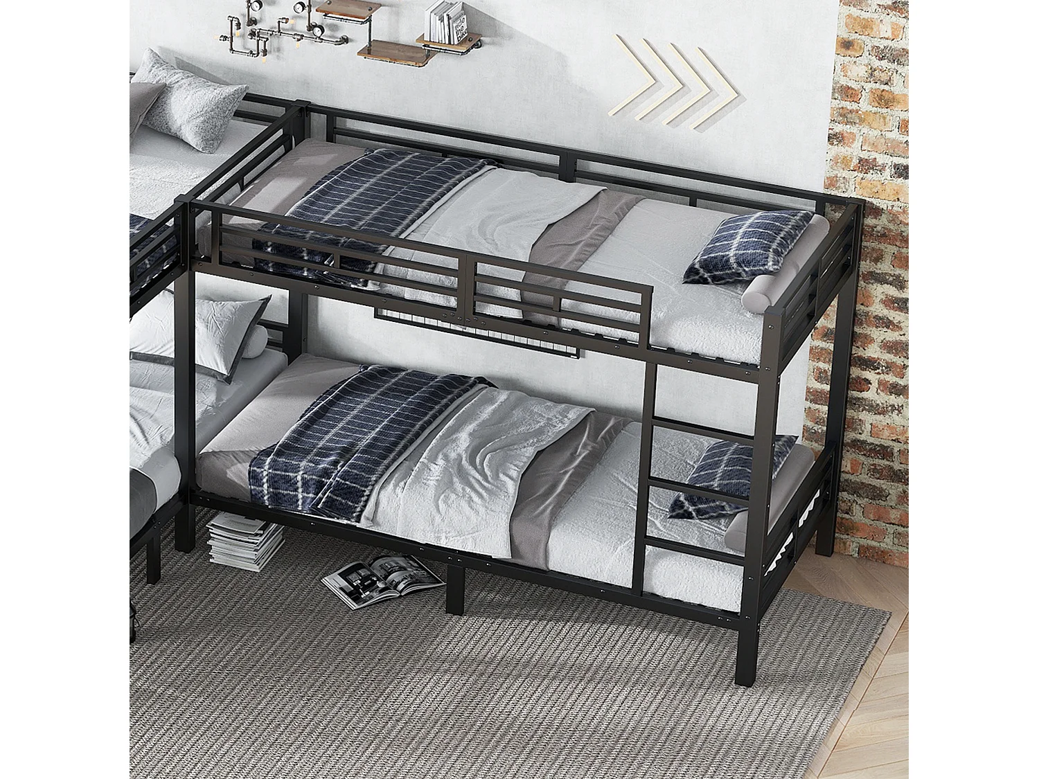 Lit superposé 90x200cm +140x200cm - 2 lits doubles et 2 lits simples - 2 échelles - sommier à lattes robuste - Métal - Noir (sans matelas)
