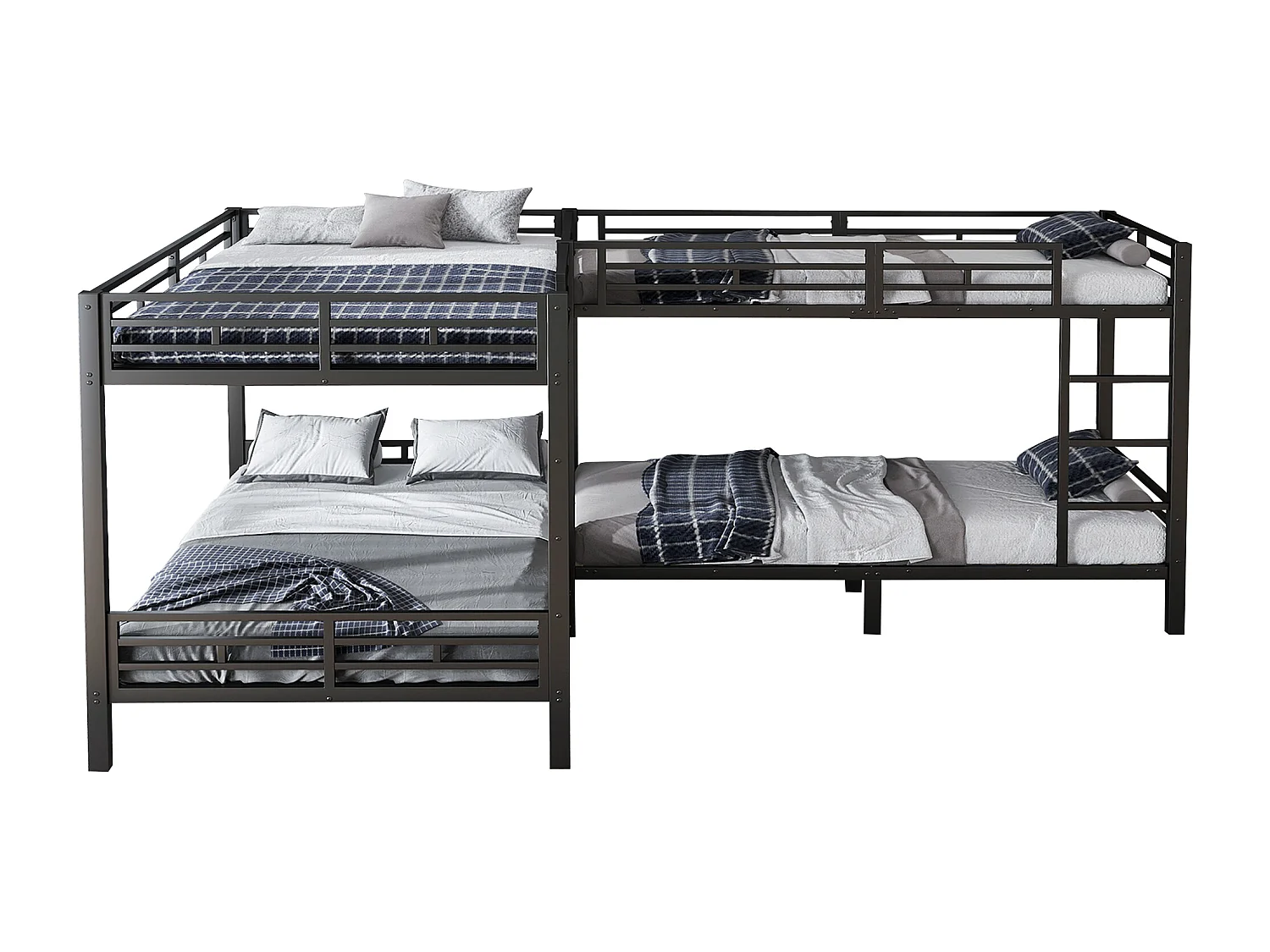 Lit superposé 90x200cm +140x200cm - 2 lits doubles et 2 lits simples - 2 échelles - sommier à lattes robuste - Métal - Noir (sans matelas)