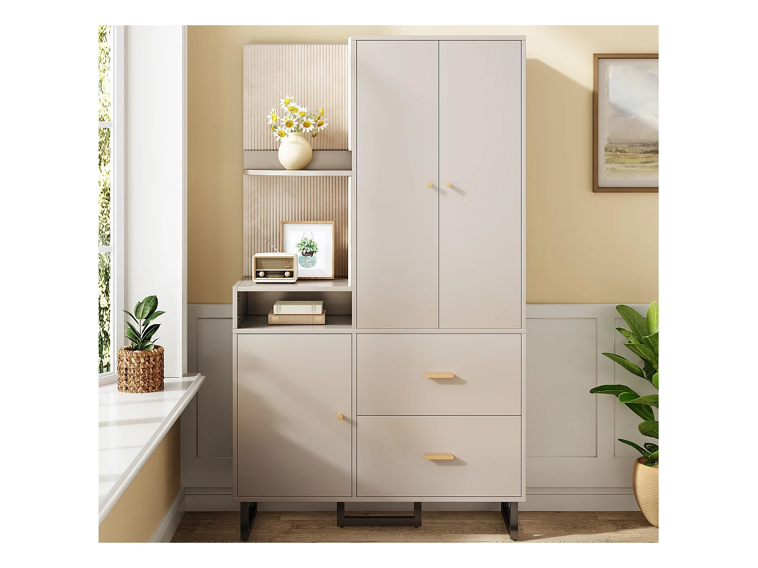 Ensemble vestiaire d'entrée 110x38x186 cm - 3 portes et 2 tiroirs - Avec penderie - Étagères ouvertes - Beige et gris