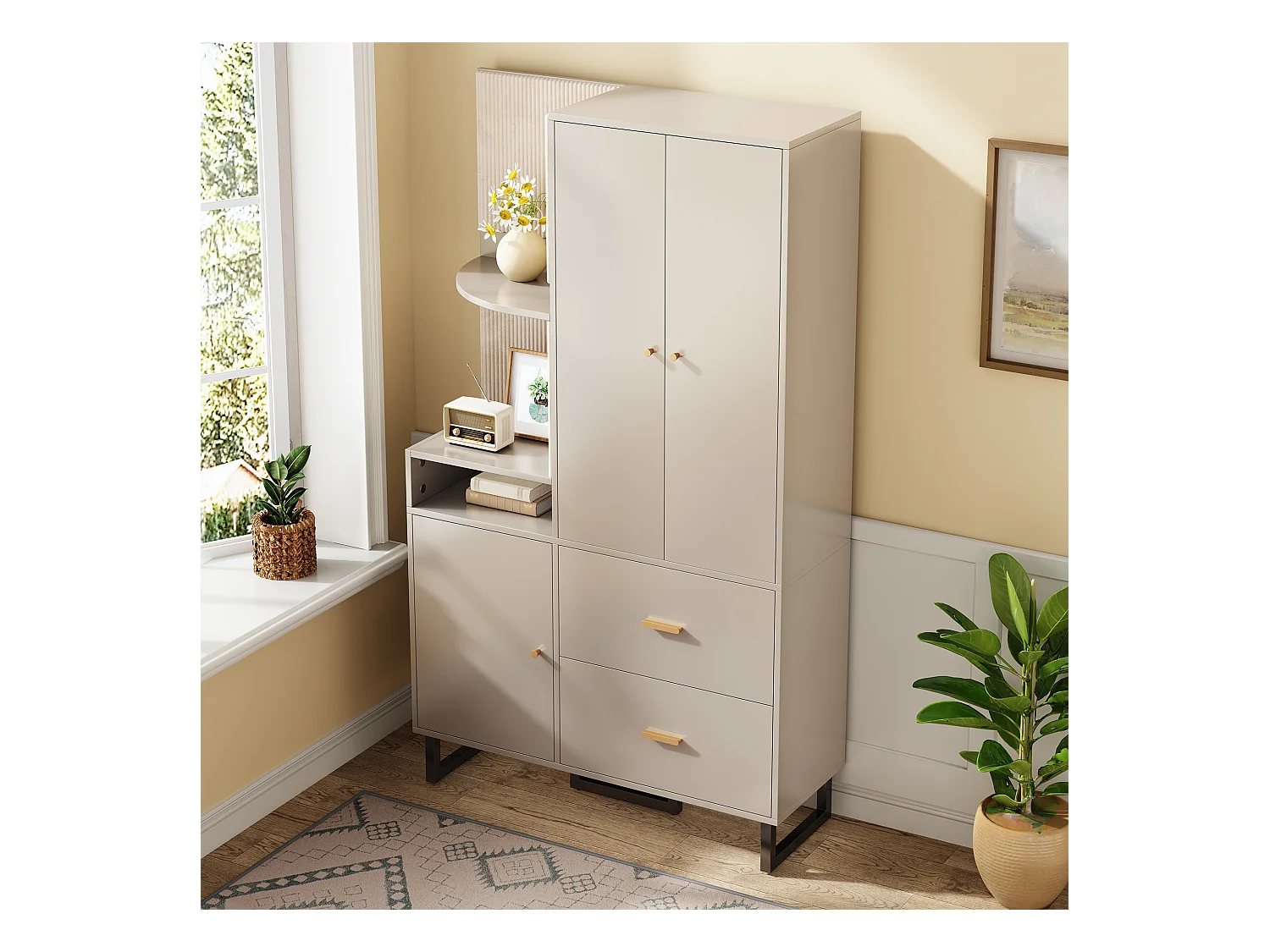 Ensemble vestiaire d'entrée 110x38x186 cm - 3 portes et 2 tiroirs - Avec penderie - Étagères ouvertes - Beige et gris