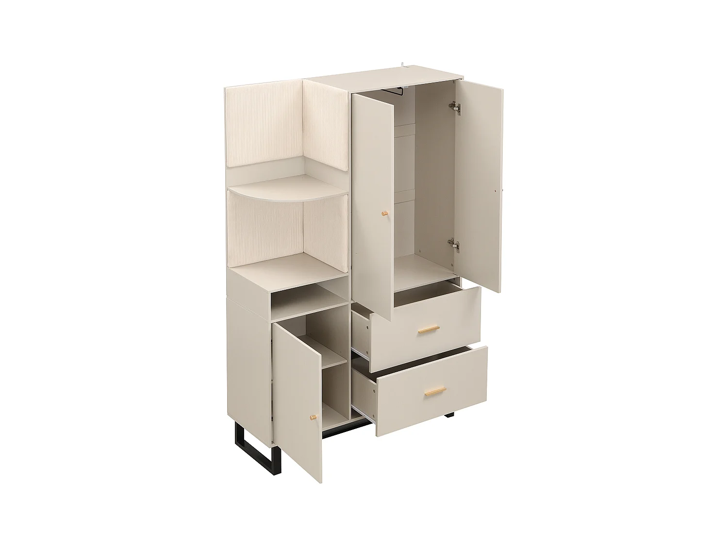 Ensemble vestiaire d'entrée 110x38x186 cm - 3 portes et 2 tiroirs - Avec penderie - Étagères ouvertes - Beige et gris