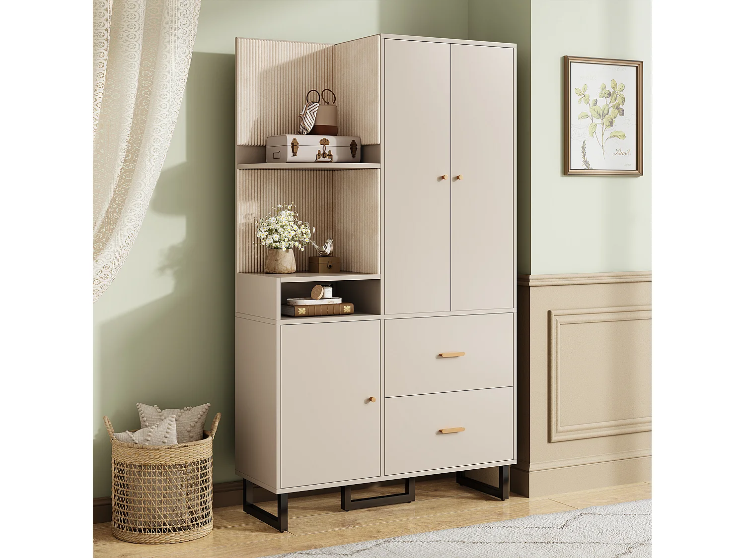 Ensemble vestiaire d'entrée 110x38x186 cm - 3 portes et 2 tiroirs - Avec penderie - Étagères ouvertes - Beige et gris