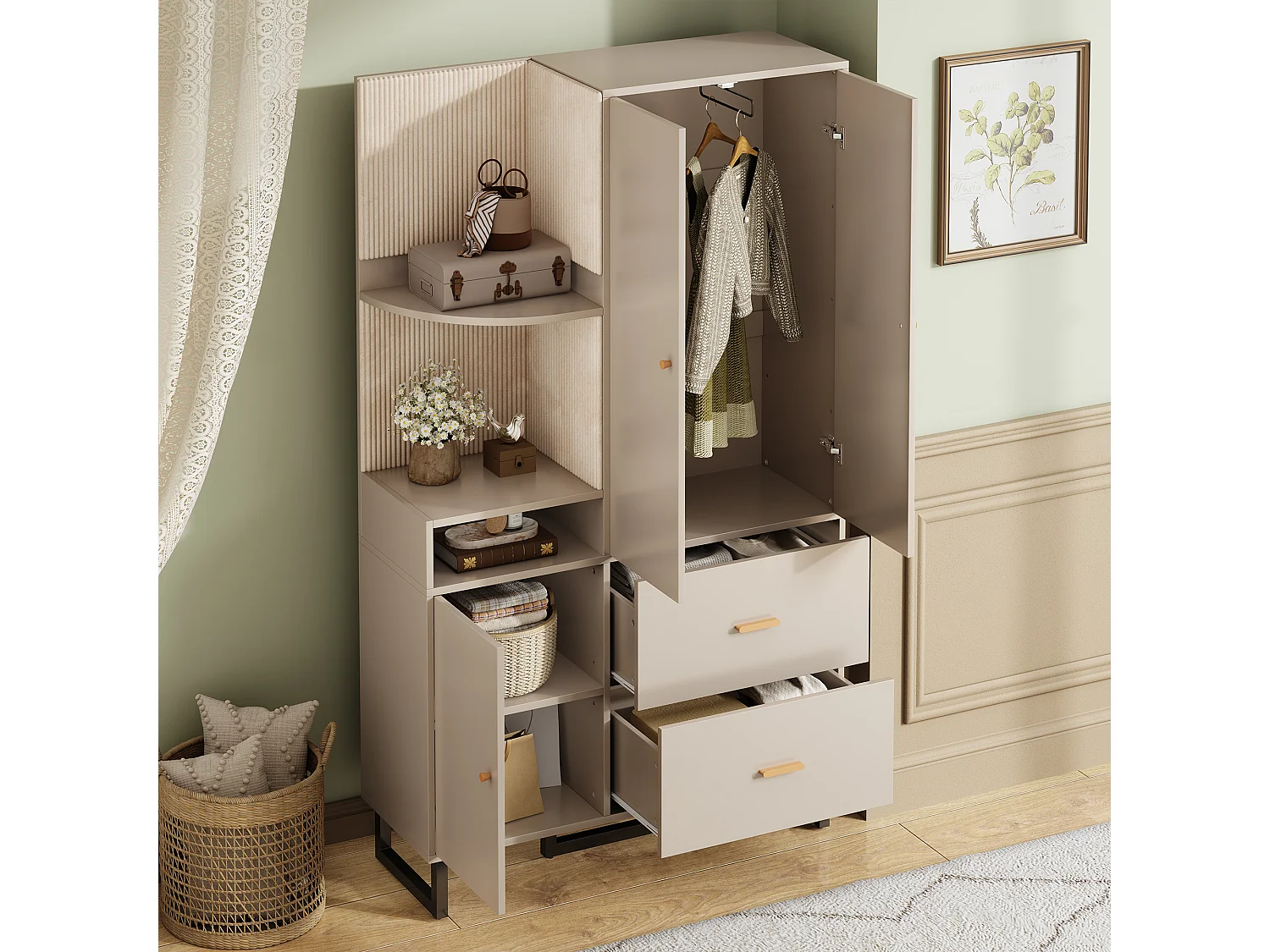 Ensemble vestiaire d'entrée 110x38x186 cm - 3 portes et 2 tiroirs - Avec penderie - Étagères ouvertes - Beige et gris