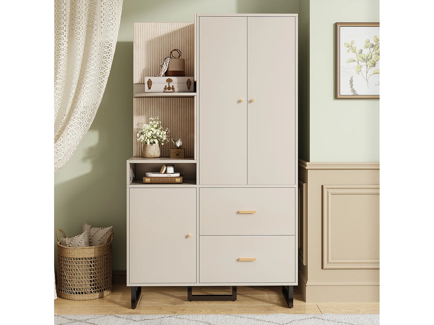 Ensemble vestiaire d'entrée 110x38x186 cm - 3 portes et 2 tiroirs - Avec penderie - Étagères ouvertes - Beige et gris