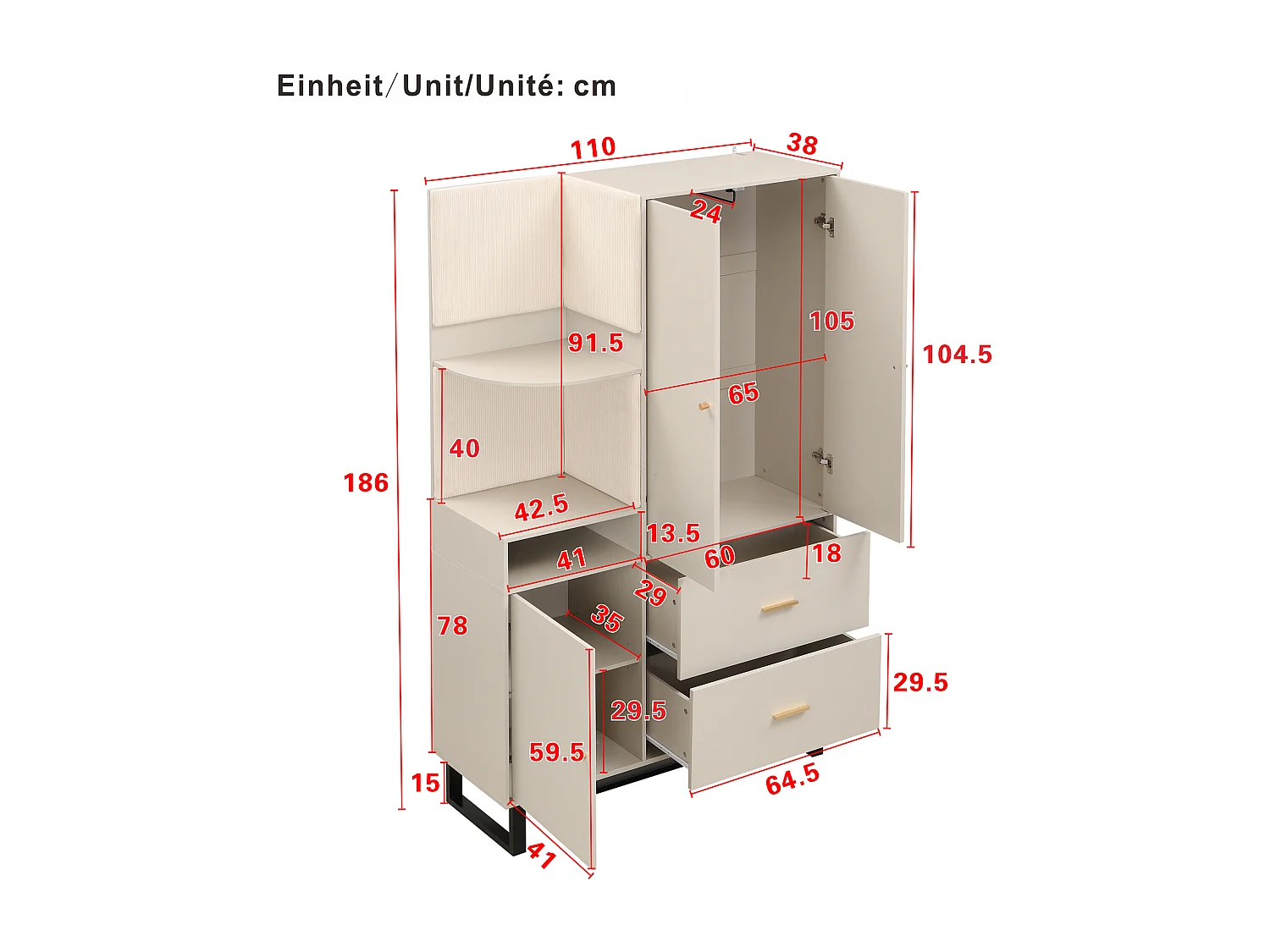 Ensemble vestiaire d'entrée 110x38x186 cm - 3 portes et 2 tiroirs - Avec penderie - Étagères ouvertes - Beige et gris