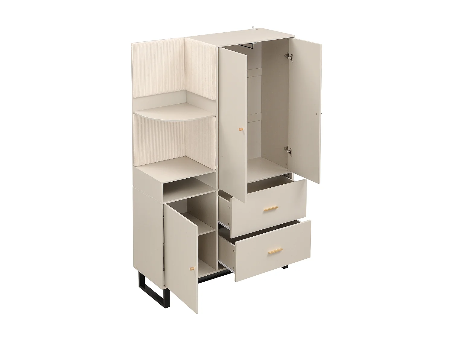 Ensemble vestiaire d'entrée 110x38x186 cm - 3 portes et 2 tiroirs - Avec penderie - Étagères ouvertes - Beige et gris