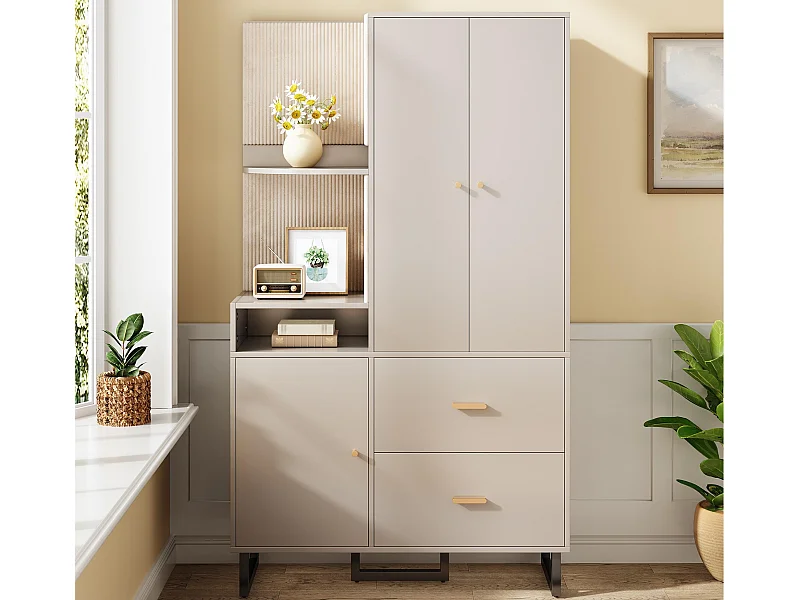 Ensemble vestiaire d'entrée 110x38x186 cm - 3 portes et 2 tiroirs - Avec penderie - Étagères ouvertes - Beige et gris