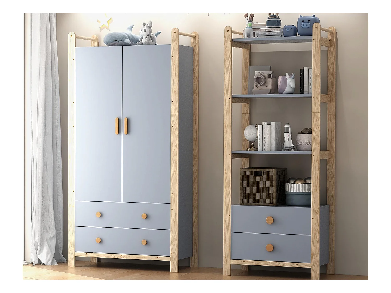 Ensemble armoire enfant - armoire enfant+étagère de rangement - 4 tiroirs et 2 portes - structure en pin - bleu+naturel