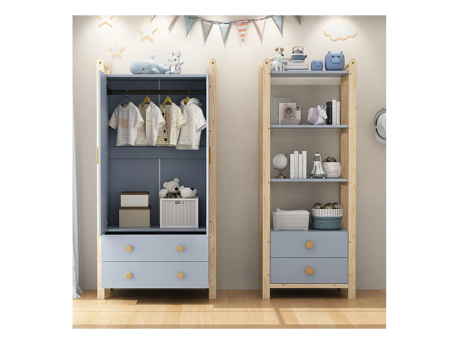 Ensemble armoire enfant - armoire enfant+étagère de rangement - 4 tiroirs et 2 portes - structure en pin - bleu+naturel