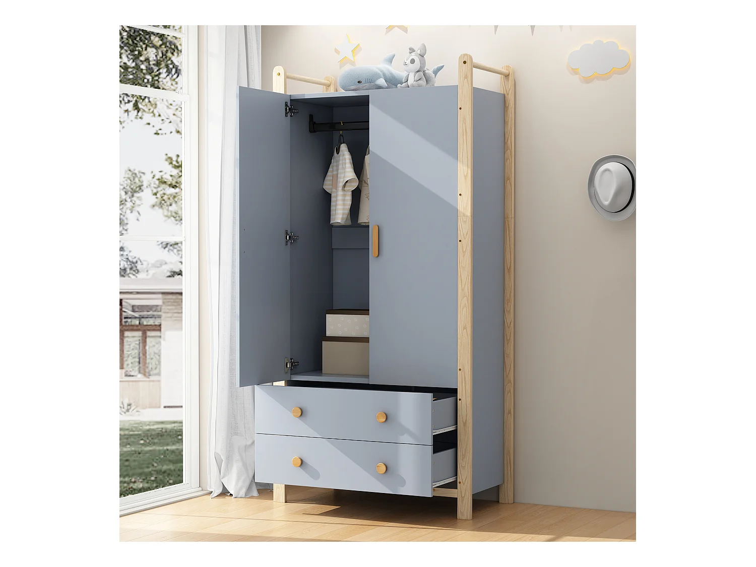 Ensemble armoire enfant - armoire enfant+étagère de rangement - 4 tiroirs et 2 portes - structure en pin - bleu+naturel