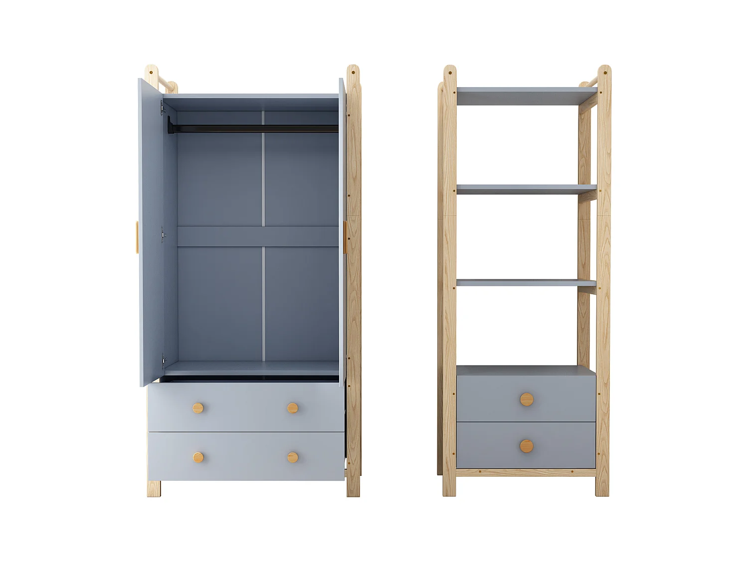 Ensemble armoire enfant - armoire enfant+étagère de rangement - 4 tiroirs et 2 portes - structure en pin - bleu+naturel