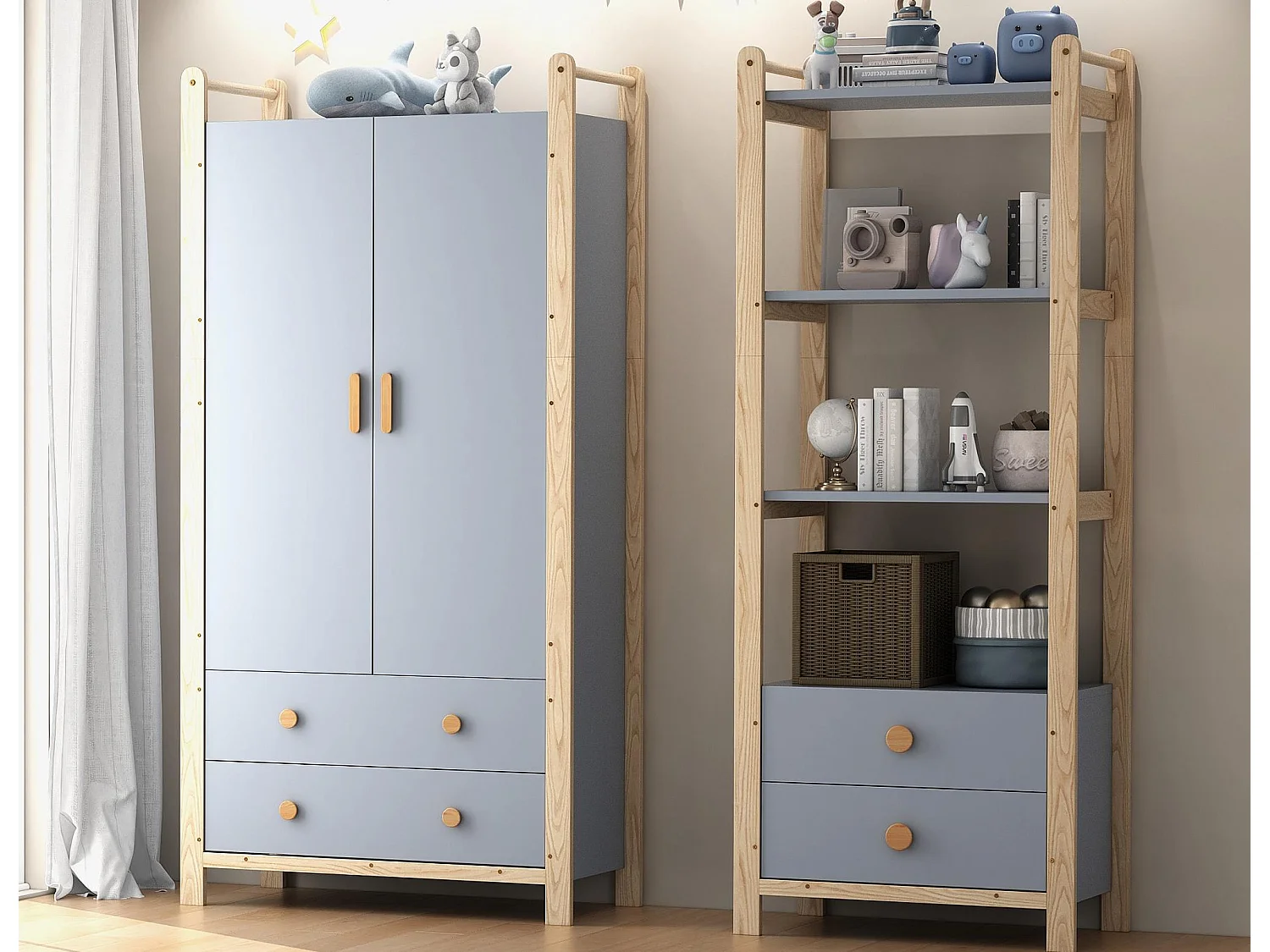 Ensemble armoire enfant - armoire enfant+étagère de rangement - 4 tiroirs et 2 portes - structure en pin - bleu+naturel