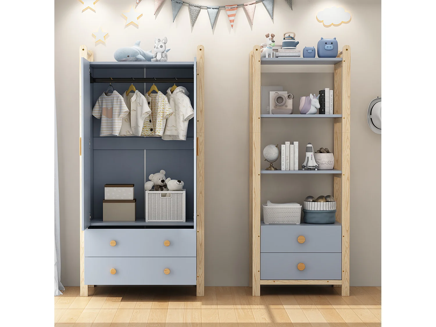 Ensemble armoire enfant - armoire enfant+étagère de rangement - 4 tiroirs et 2 portes - structure en pin - bleu+naturel